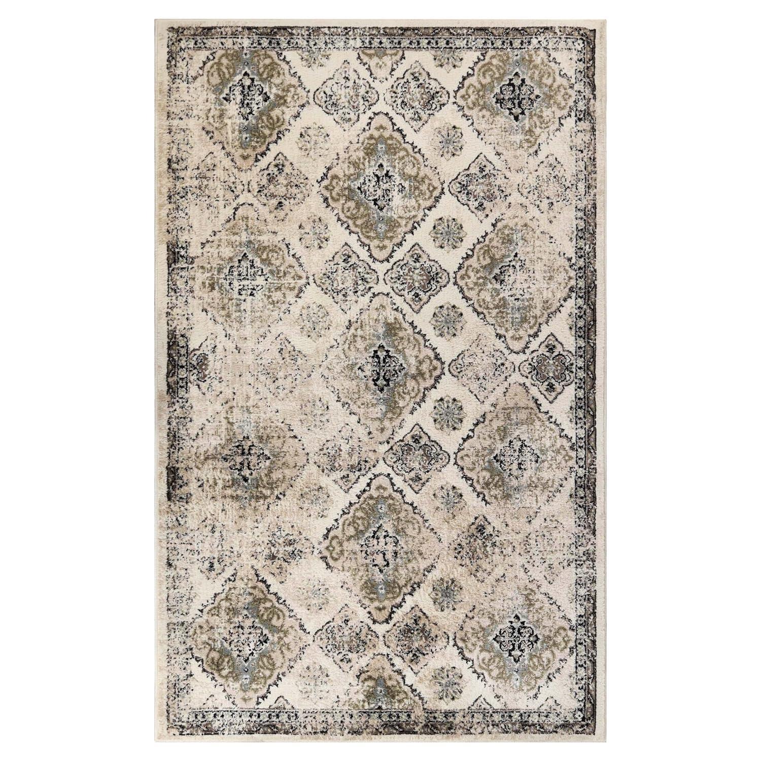 Superior Mayfair Distressed Damask Indoor Area Rug, 5' x 8', Ivory