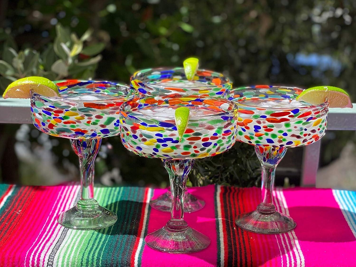 Mexican Hand Blown Glass – Set of 4 Hand Blown Margarita Glasses Confetti Rock (16 oz)