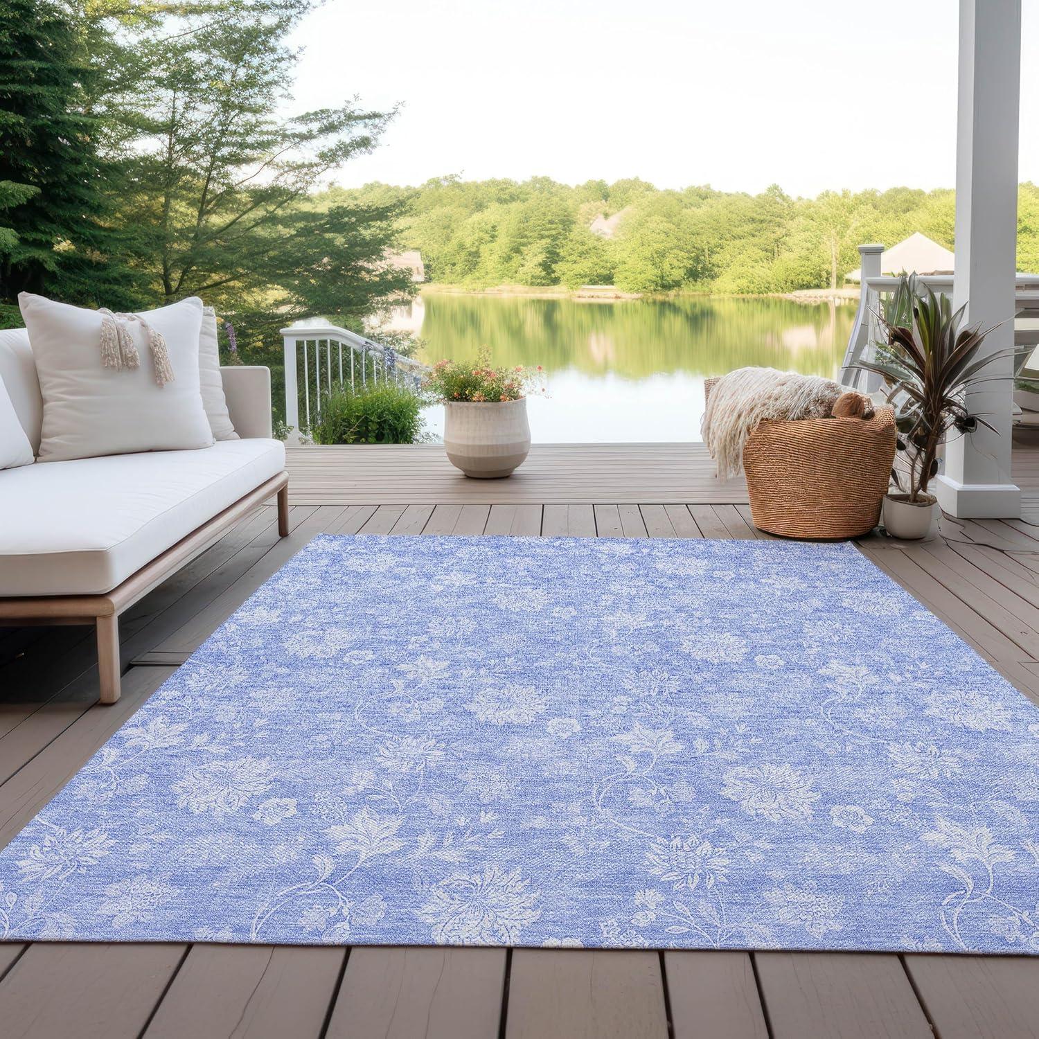 Sky Blue Floral Synthetic Indoor Outdoor Area Rug