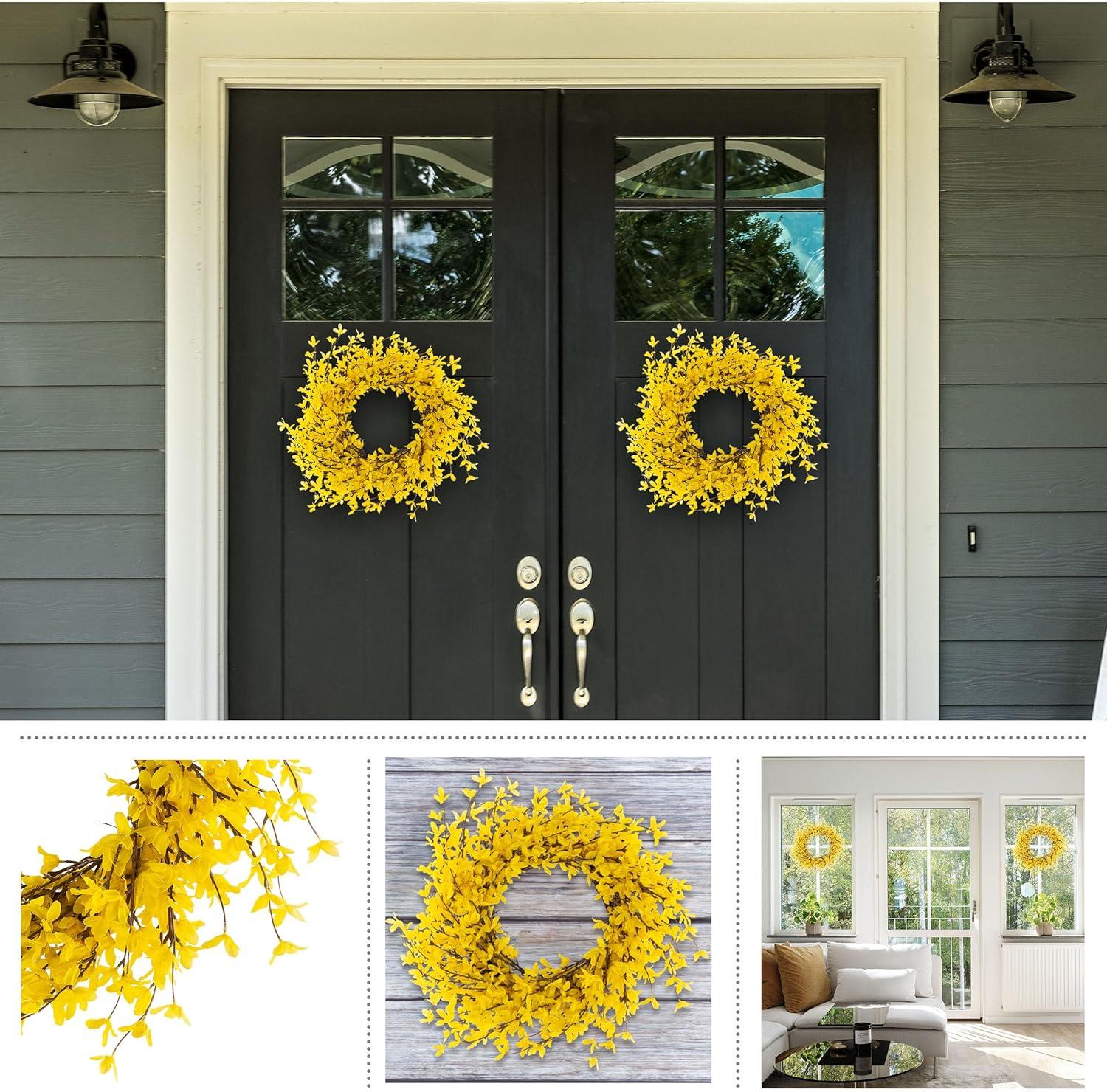 Pure Garden Set of Two 24-Inch Artificial Forsythia Wreaths for Home Decor