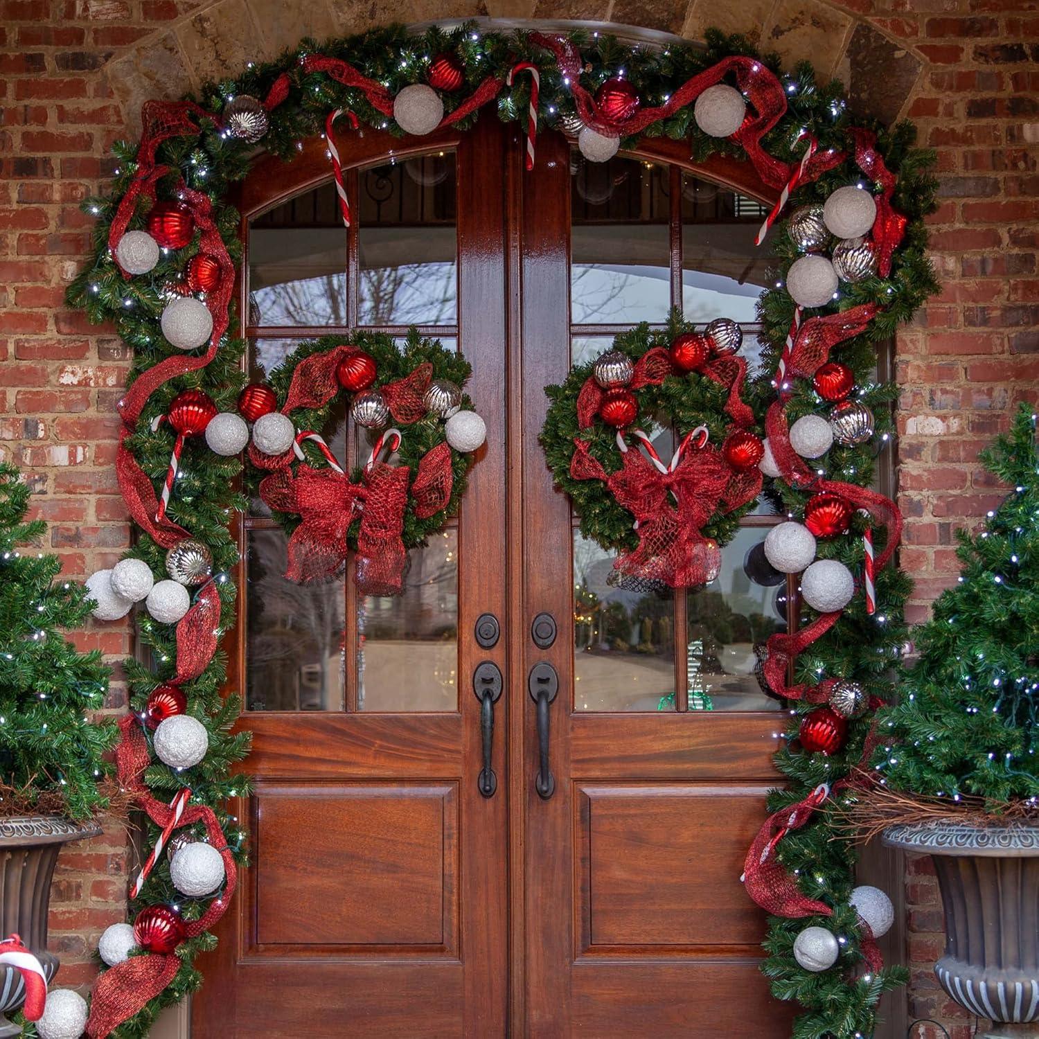 Red Sleigh Sequoia Fir Commercial-Grade Traditional Christmas Wreath and Matching Christmas Garland Greenery (14" x 9 ft Garland, Unlit)