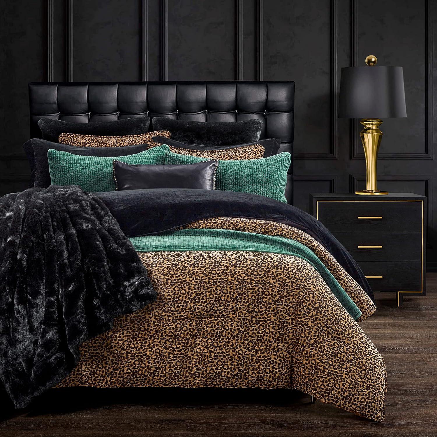 HiEnd Accents Adrienne Gold Black Leopard Print Chenille Fabric Classic Modern Rustic Duvet Cover Set