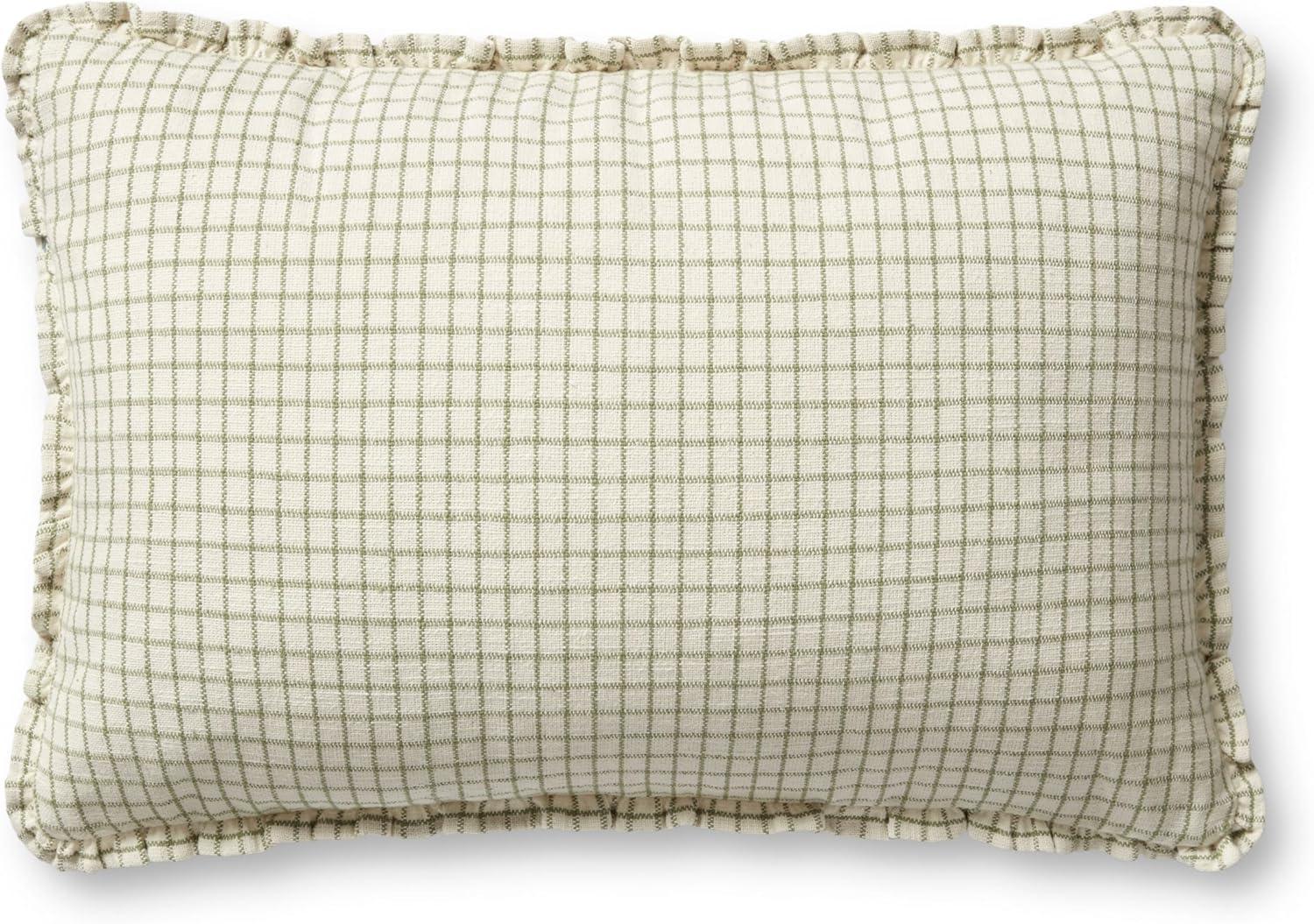 Ivory and Moss Cotton Gridded Throw Pillow with Ruffles, 16'' x 26''