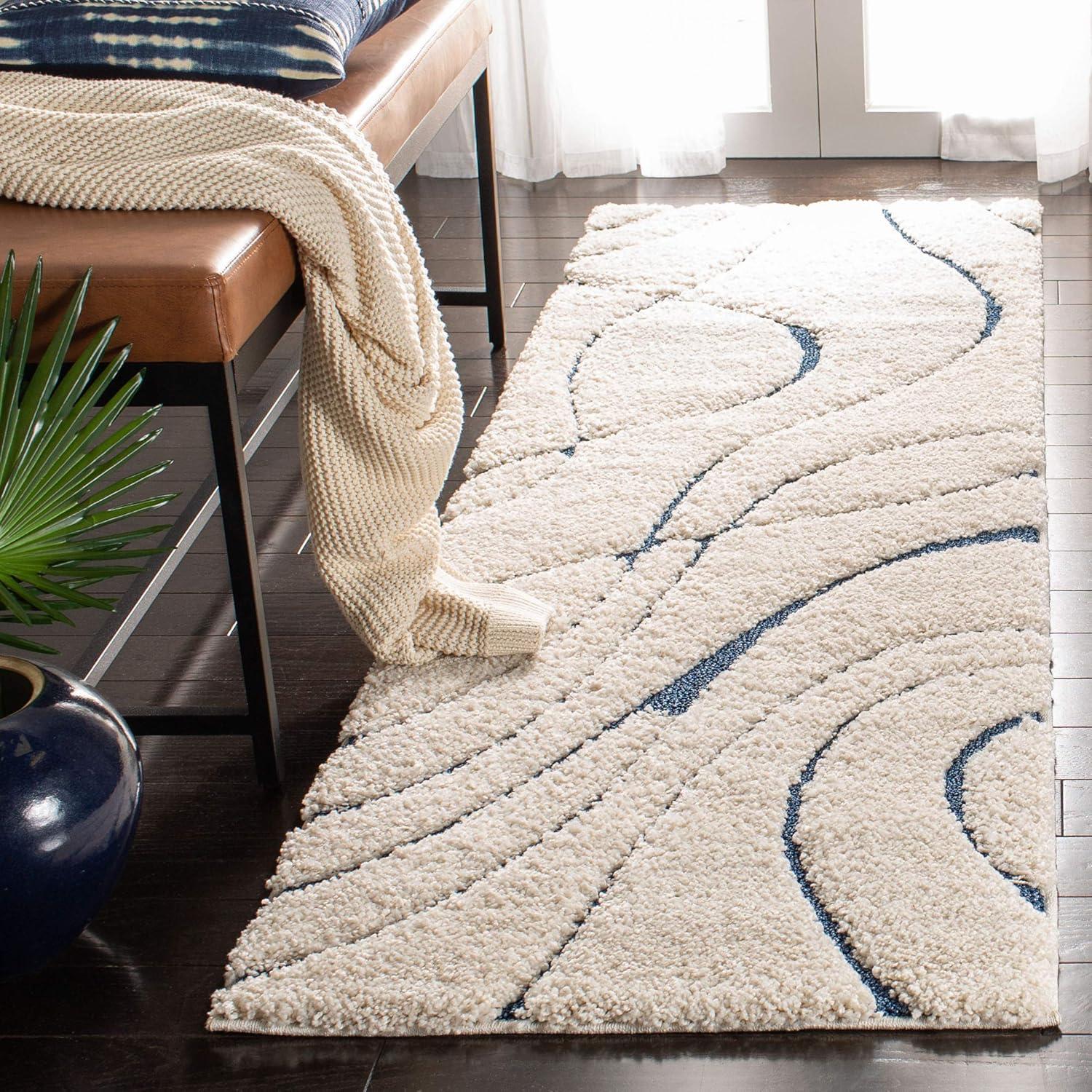 SAFAVIEH Florida Tamzen Abstract Shag Runner Rug, Cream/Blue, 2'3" x 15'