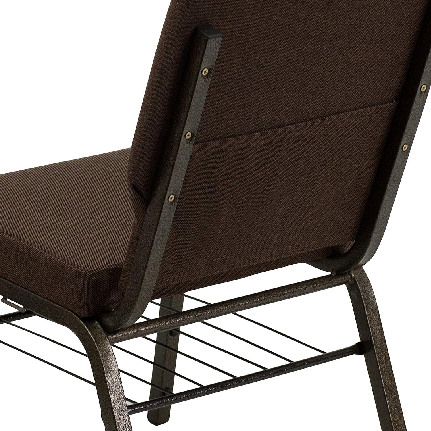 Elegant Brown Fabric Side Chair with Gold Steel Frame and Book Rack