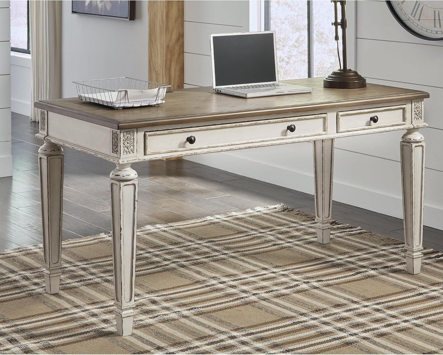 Signature Design by Ashley 60" Realyn Home Office Desk Beige: Antique-Styled, Cottage Design with Tapered Legs