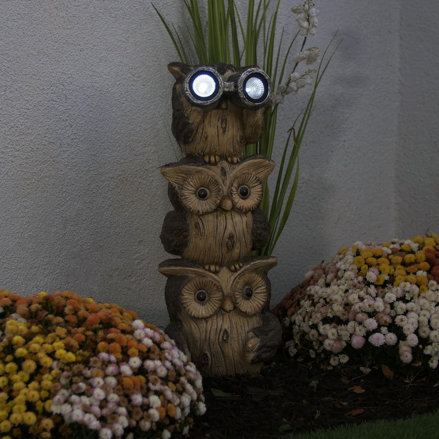 Solar Three Stacked Binocular Owls Polyresin Statue with LED Lights - Alpine Corporation: Garden Decor Sculpture with NiMH Battery