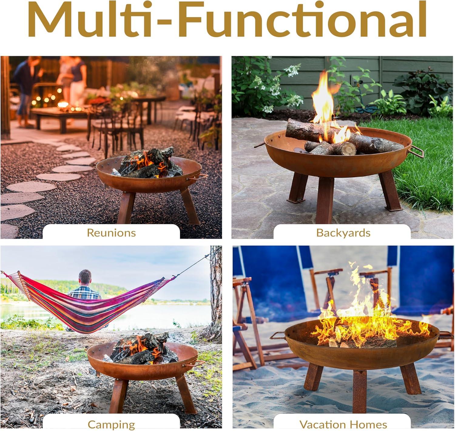 SunnyDaze Decor Union Round Wood-Burning Steel Finish Cast Iron Outdoor Raised Fire Pit Bowl