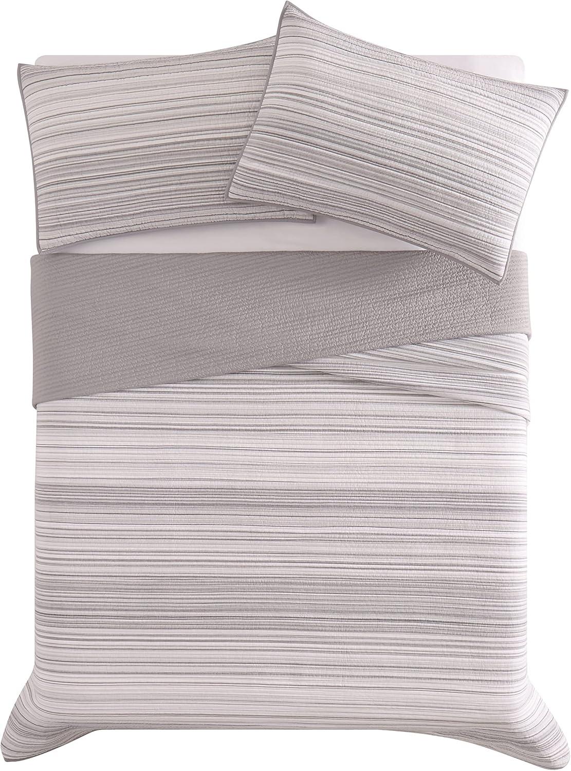 Gray Woven Cotton King Quilt Set with Striped Pattern