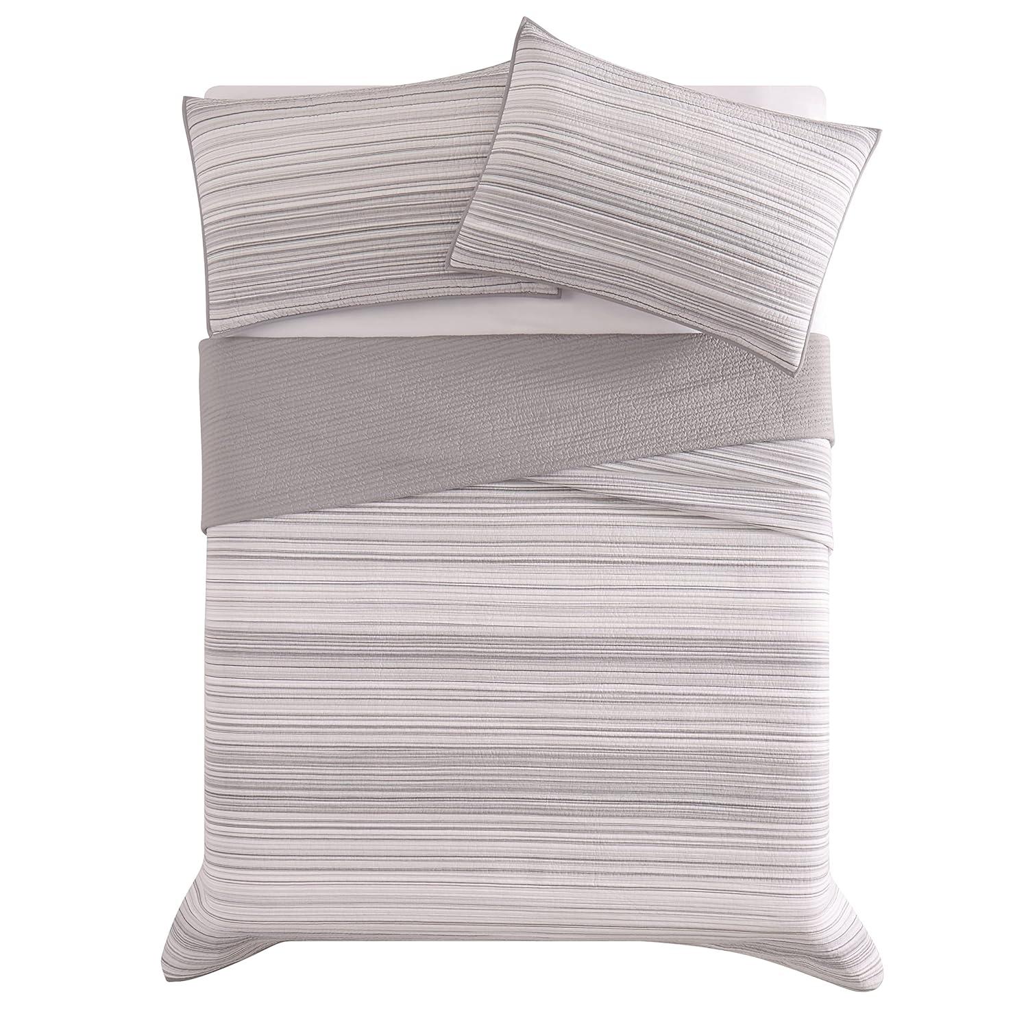 Gray Woven Cotton King Quilt Set with Striped Pattern