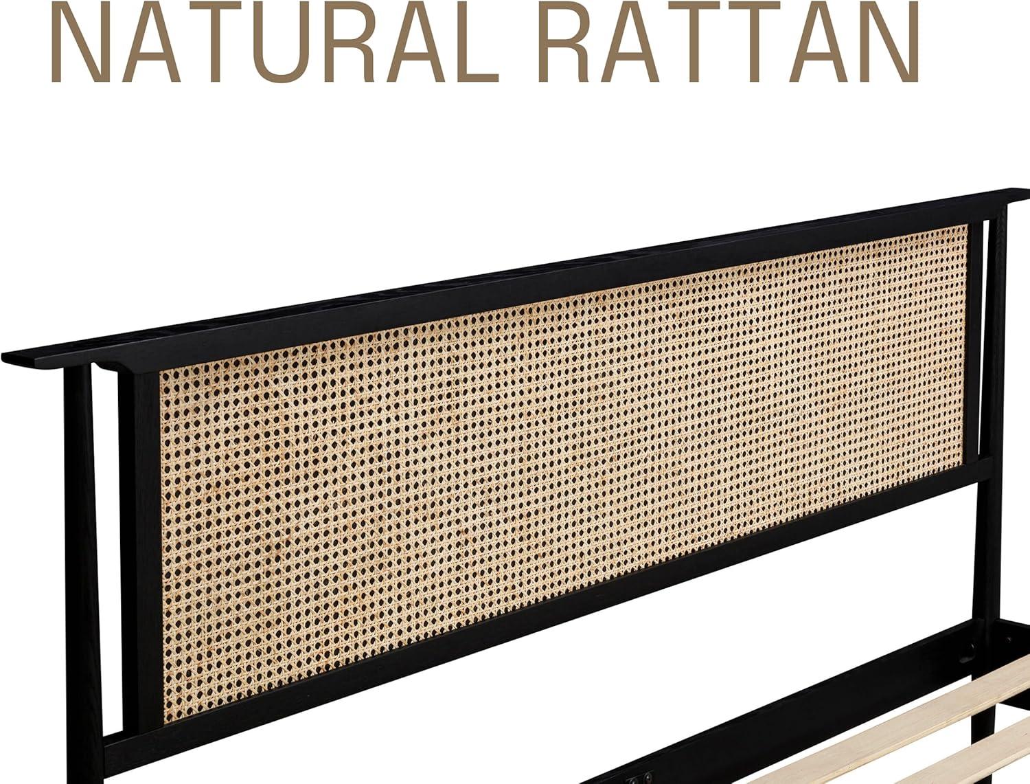 Ruby Wooden Bed Frame With Headboard And Natural Rattan, 1000 Lb Capacity
