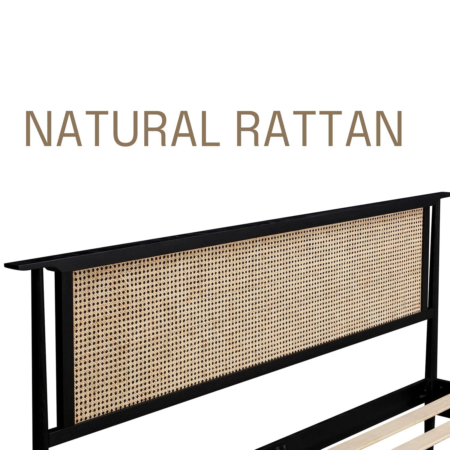 Ruby Wooden Bed Frame With Headboard And Natural Rattan, 1000 Lb Capacity