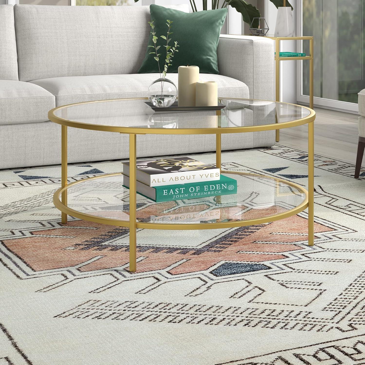 Round Metal Base Coffee Table in Brass with Glass Top - Henn&Hart