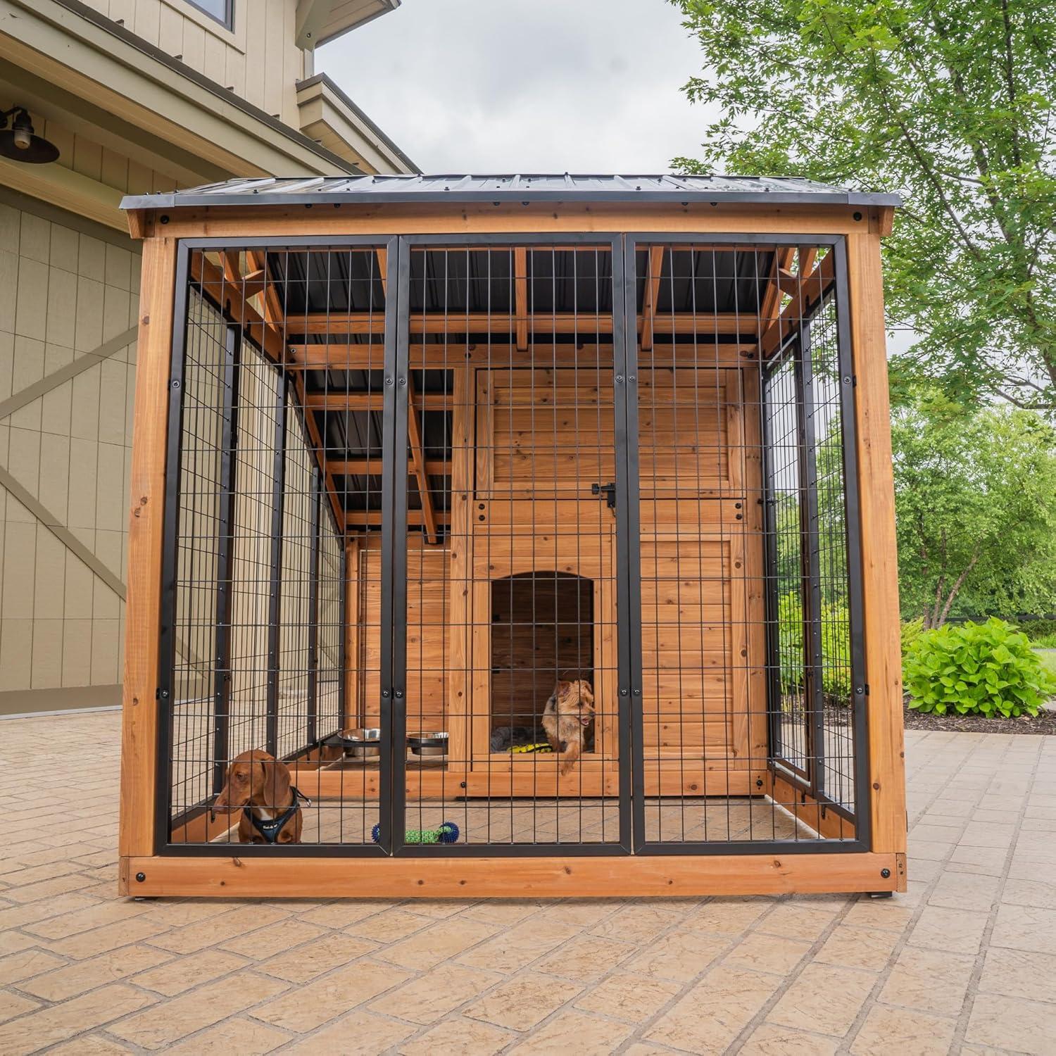 Large Cedar Wood Dog Kennel with Steel Roof and Feeding Tray