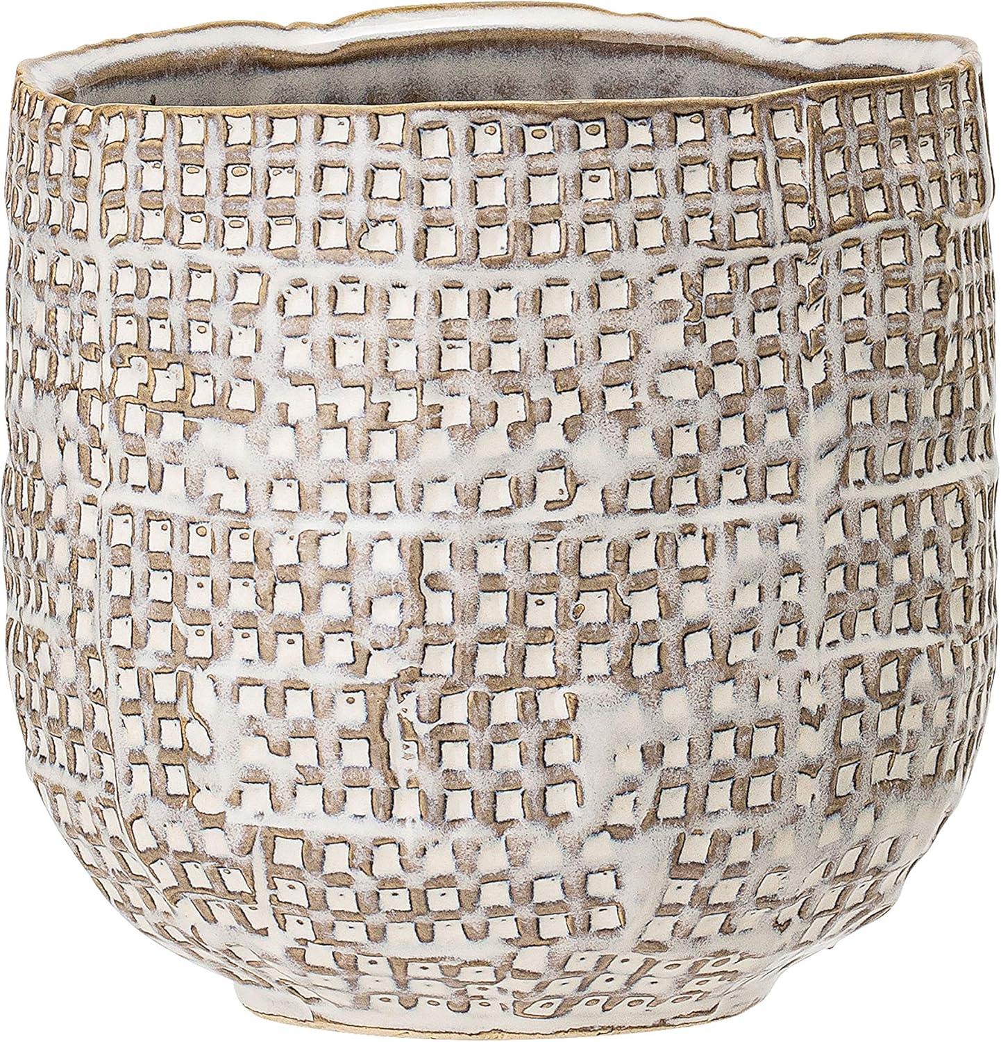 Distressed White Embossed Stoneware Planter with Woven Design