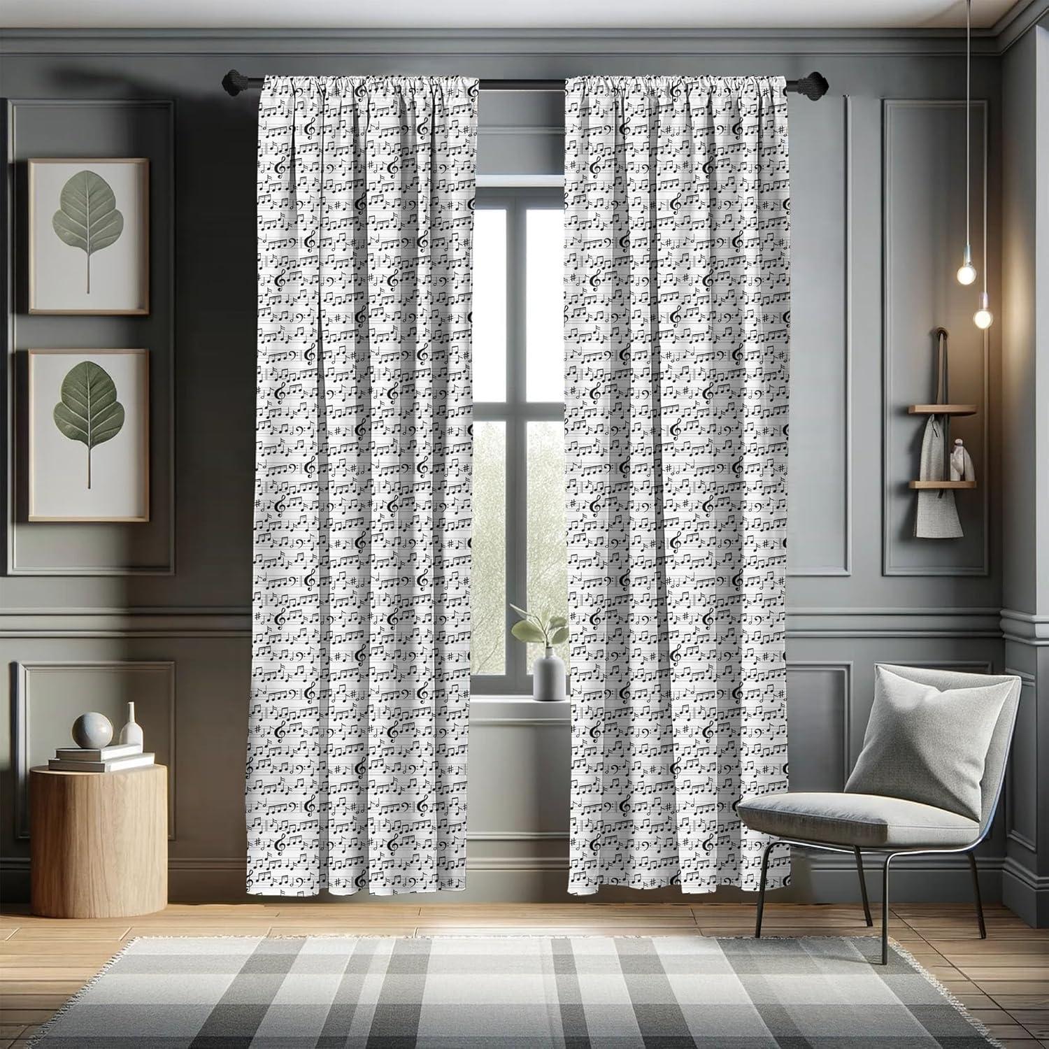 Black and White Music Note Rod Pocket Curtain Panels