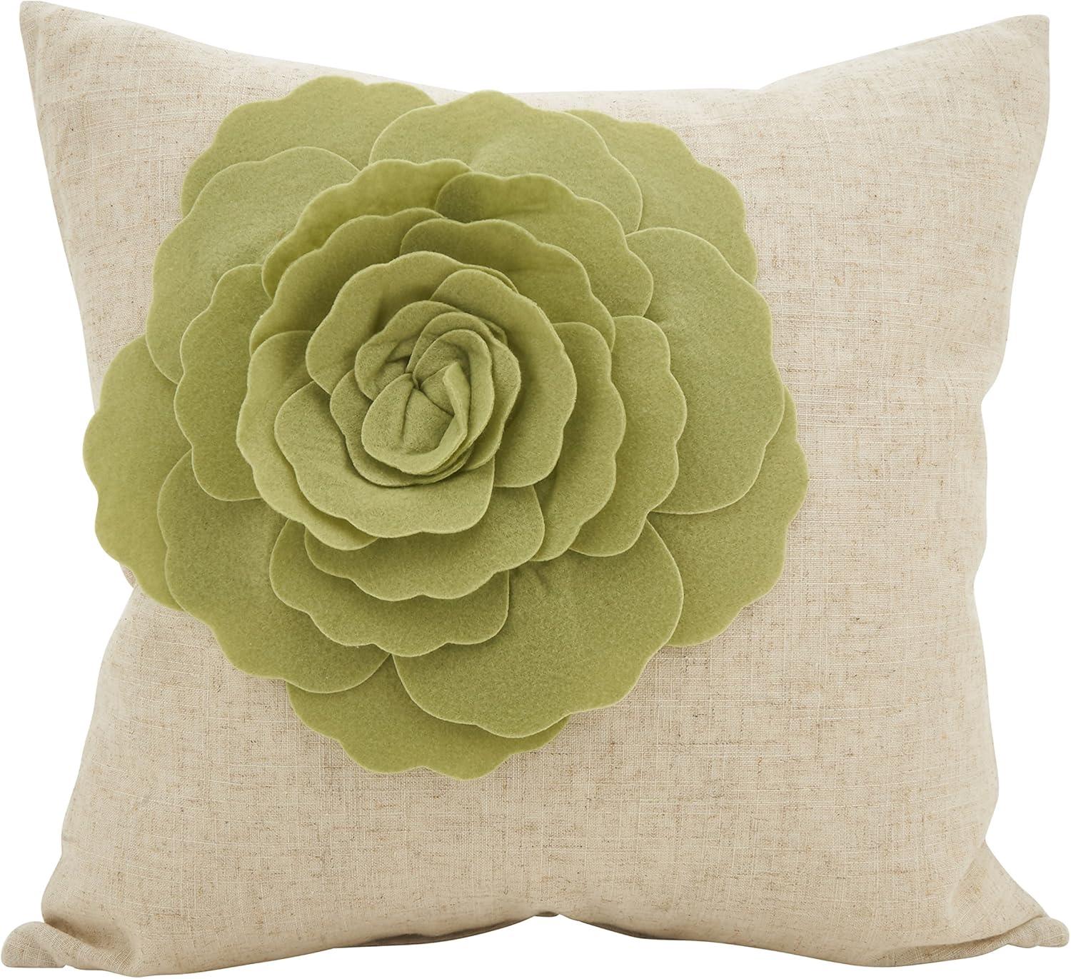 Medium Off-White Linen Pillow with Lime 3D Flower