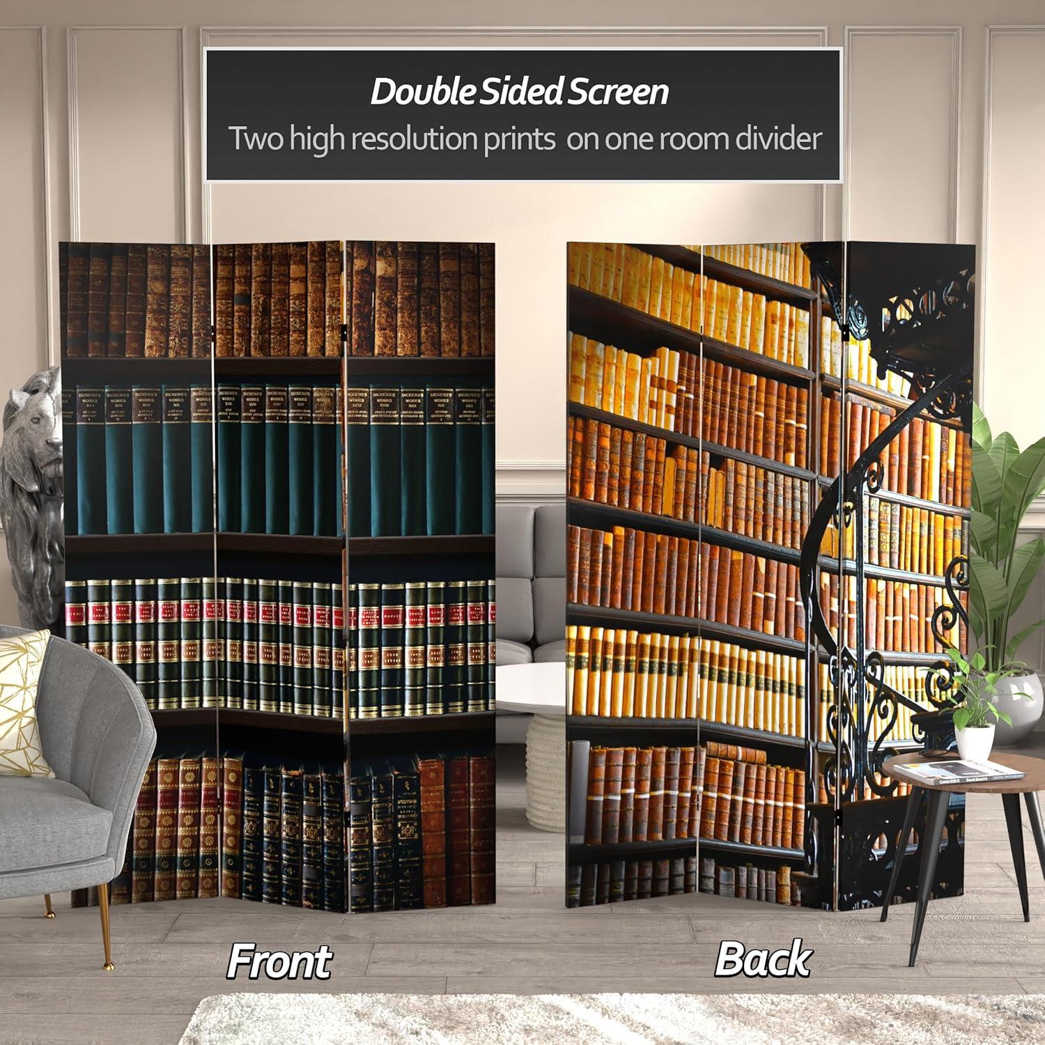 Elegant 6ft Warm Toned Library Canvas 3-Panel Folding Room Divider