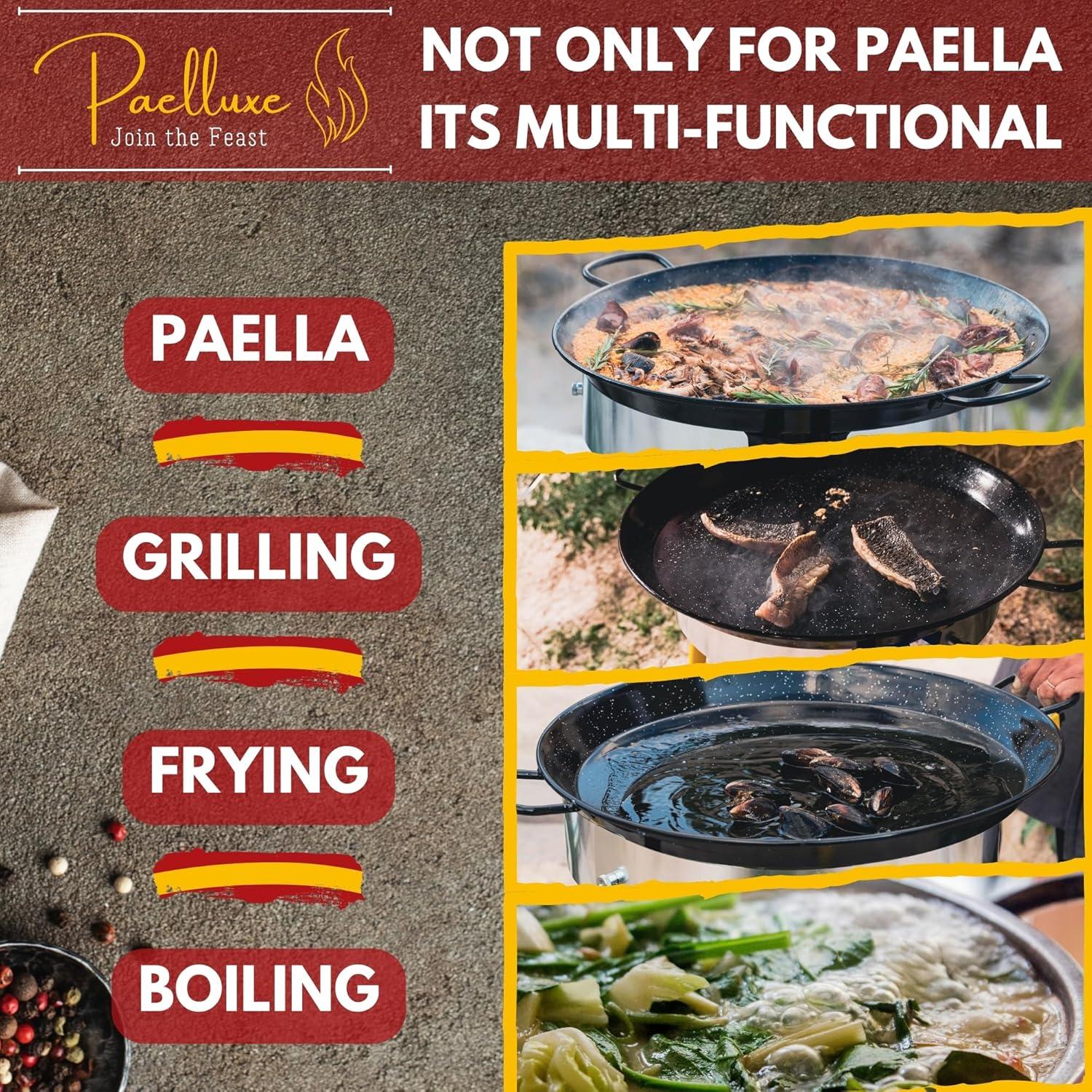 Paelluxe 22 Inch Paella Pan 16 Servings - Enamelled No Rust Easy to Clean Steel Pan Propane - Gas Burners for Cooking - Indoor & Outdoor Cooking Skillet - Cacerola Paellera Sarten - Mother's Day Gift