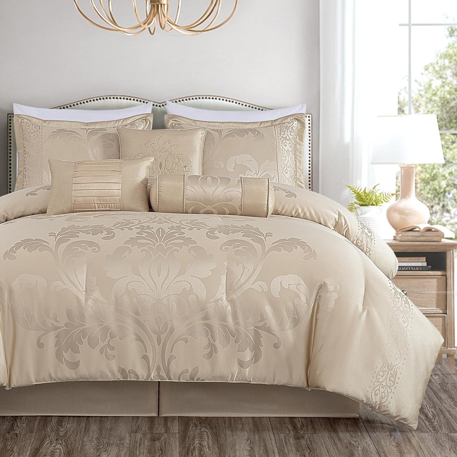 Champagne Jacquard Floral Queen Comforter Set with Decorative Pillows