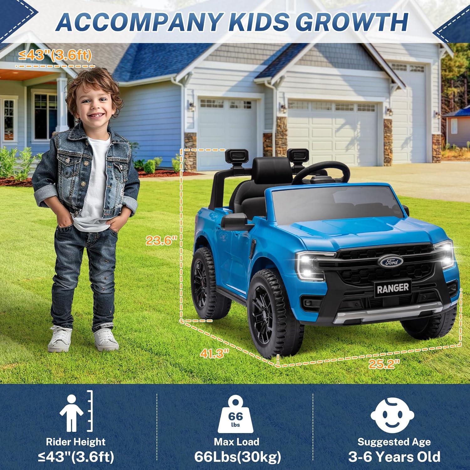 Blue 12V Ford Ranger Kids Ride-On Car with Remote Control