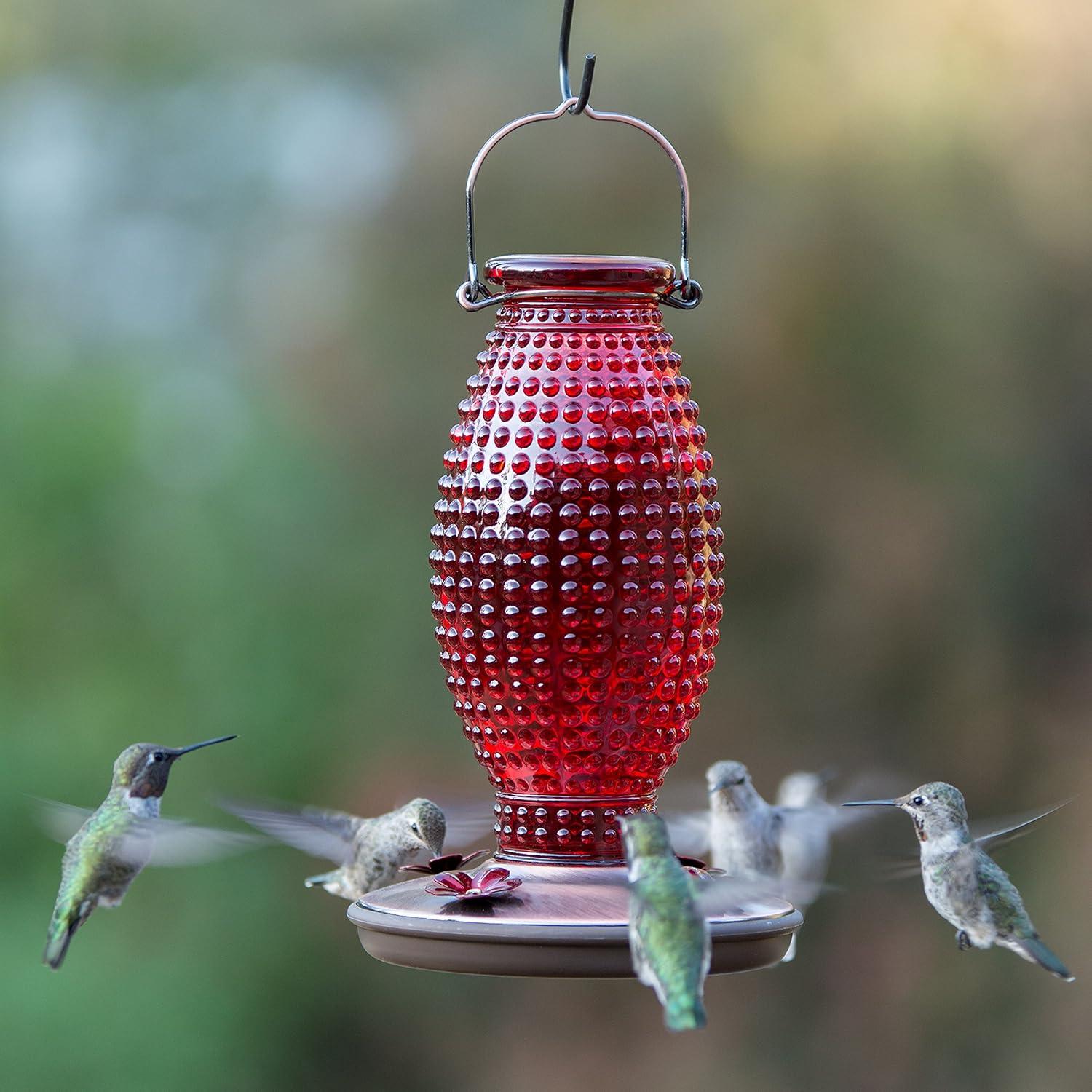 Red Hobnail Glass and Metal Hanging Hummingbird Feeder