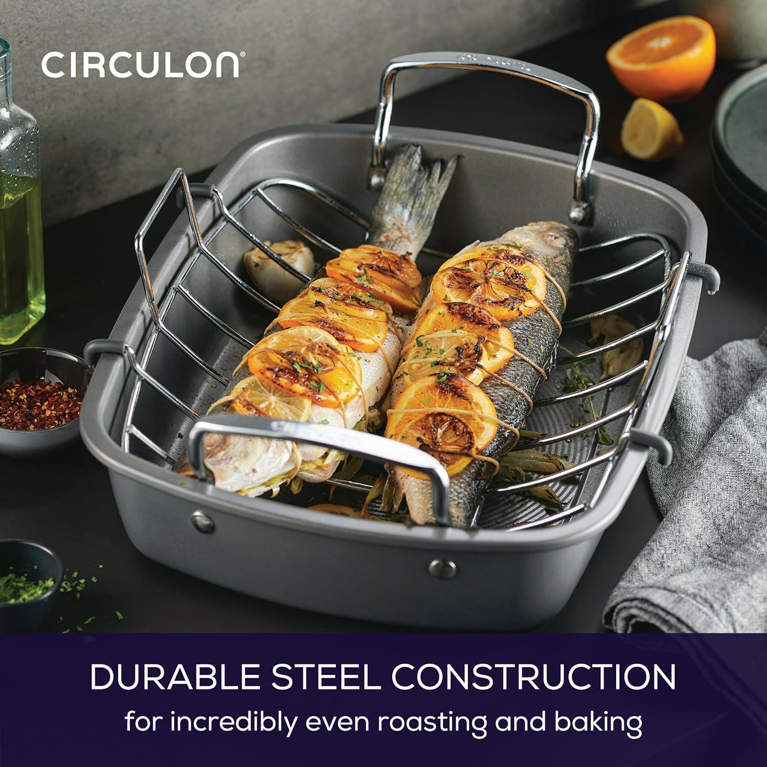 Circulon Bakeware Nonstick Roasting Pan / Roaster with Rack, 17-Inch x 13-Inch, Gray