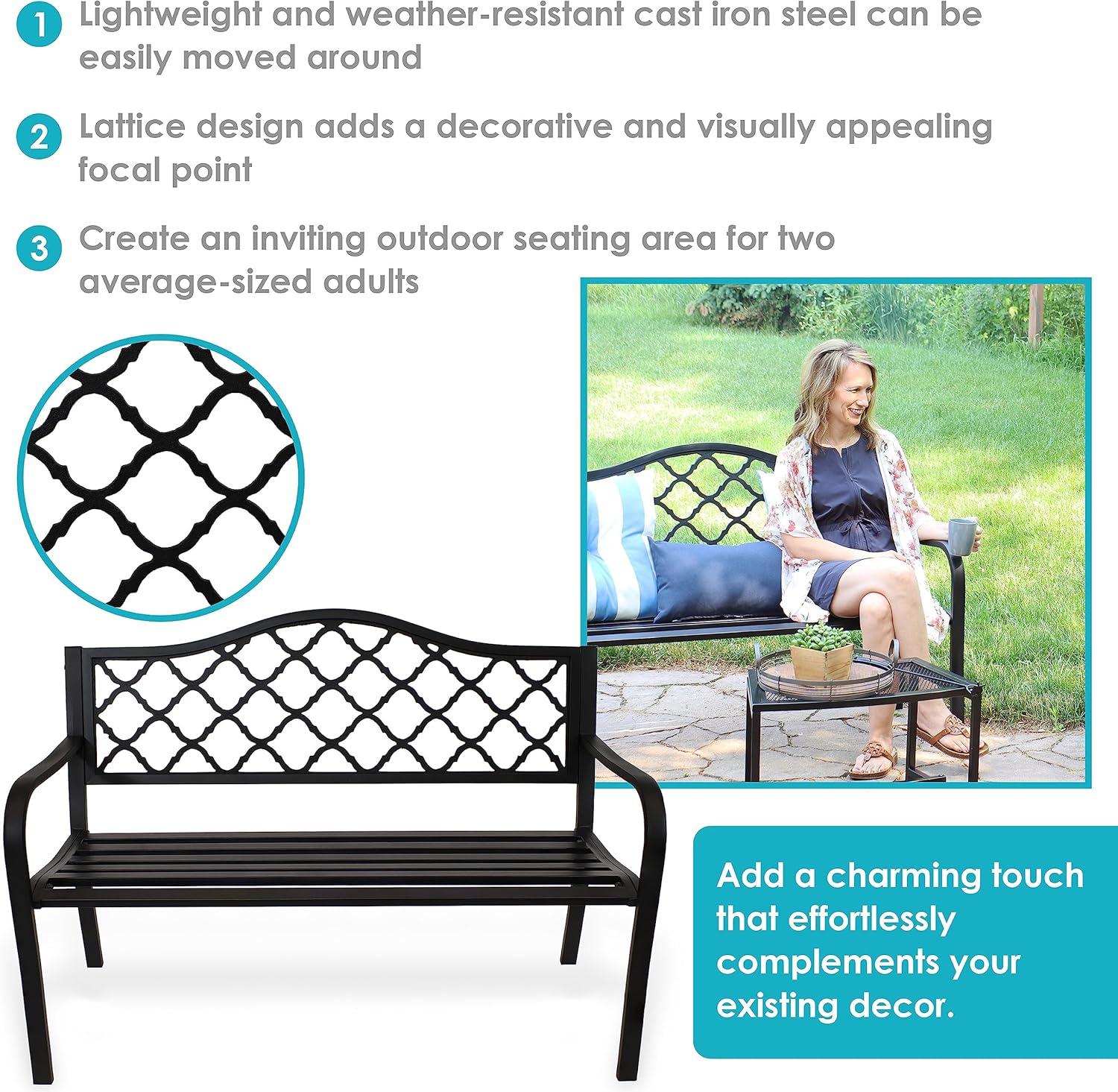 Sunnydaze 2-Person Lattice Design Black Cast Iron Outdoor Garden Bench