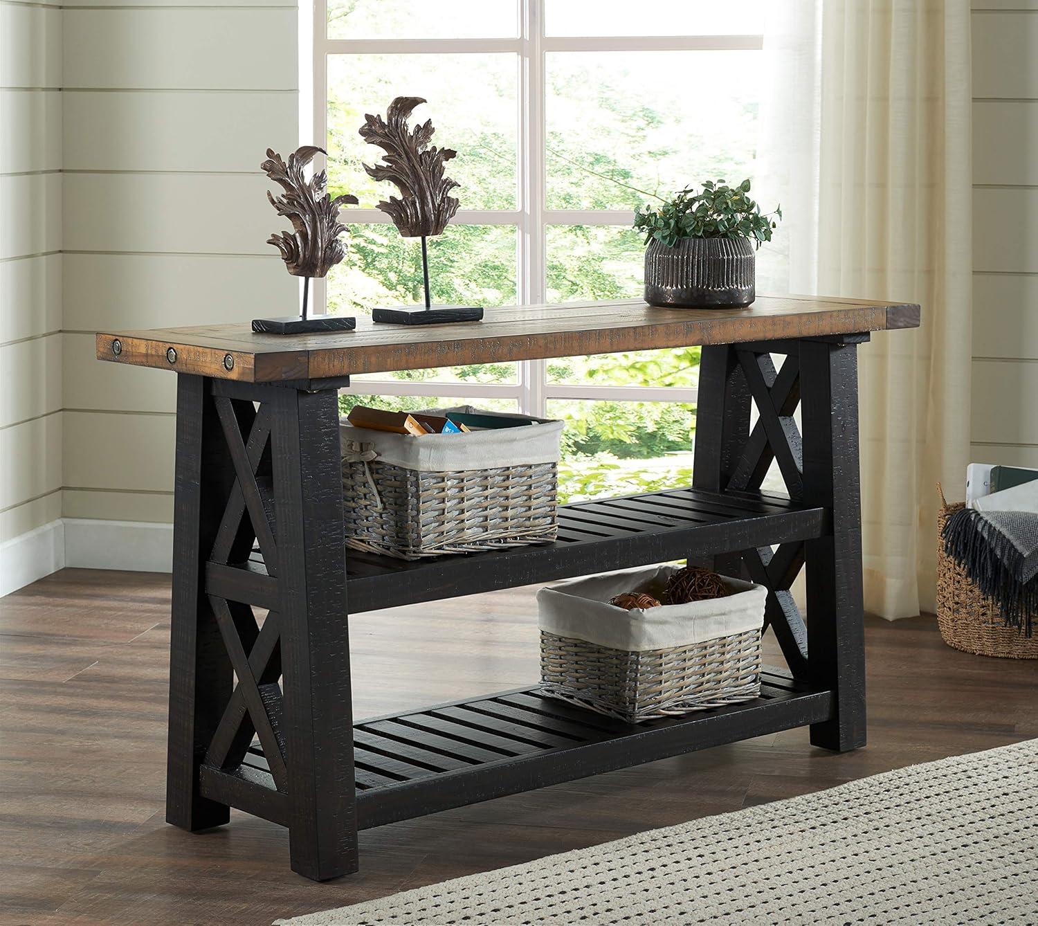 Bolton Industrial Rustic 55" Black Stain and Natural Sofa Table with Storage