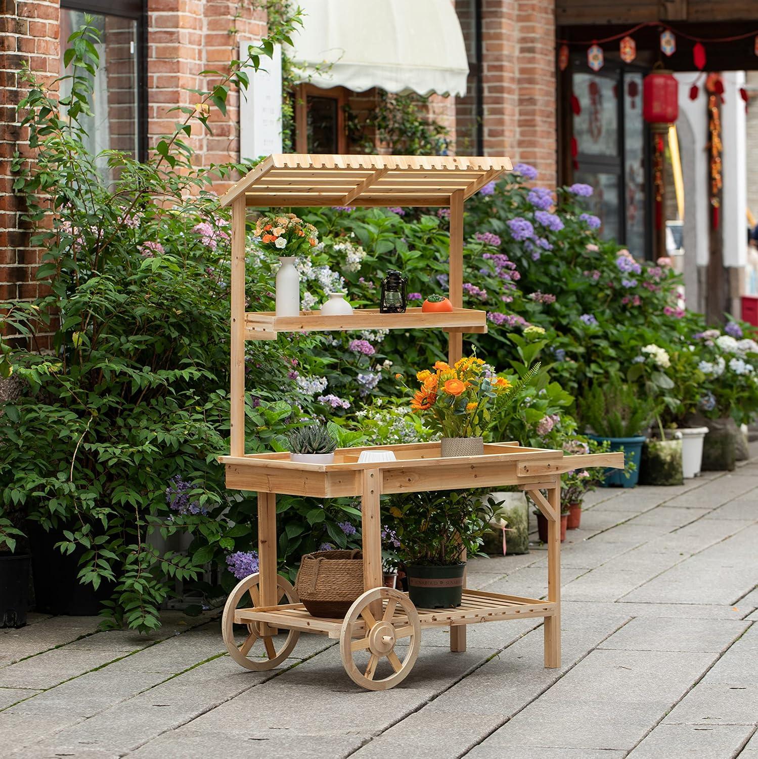 Vintiquewise Antique Solid Wood Decor Display Rack Cart Wood Plant Stands with Wheels for Decor Display | 2 Wheeled Wood Wagon with Shelves for Plants and More