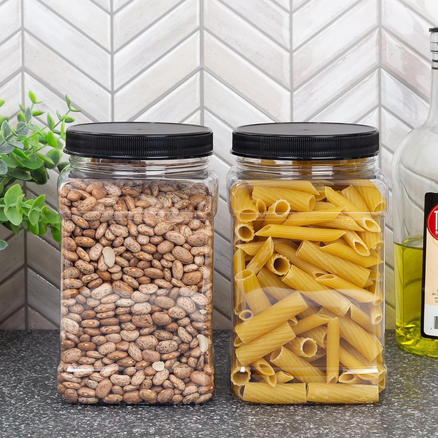 Cornucopia Brands 48oz Square Plastic Jars 3pk; Clear Rectangular 6-Cup Canisters w/ Black Lids, Easy-Grip Side