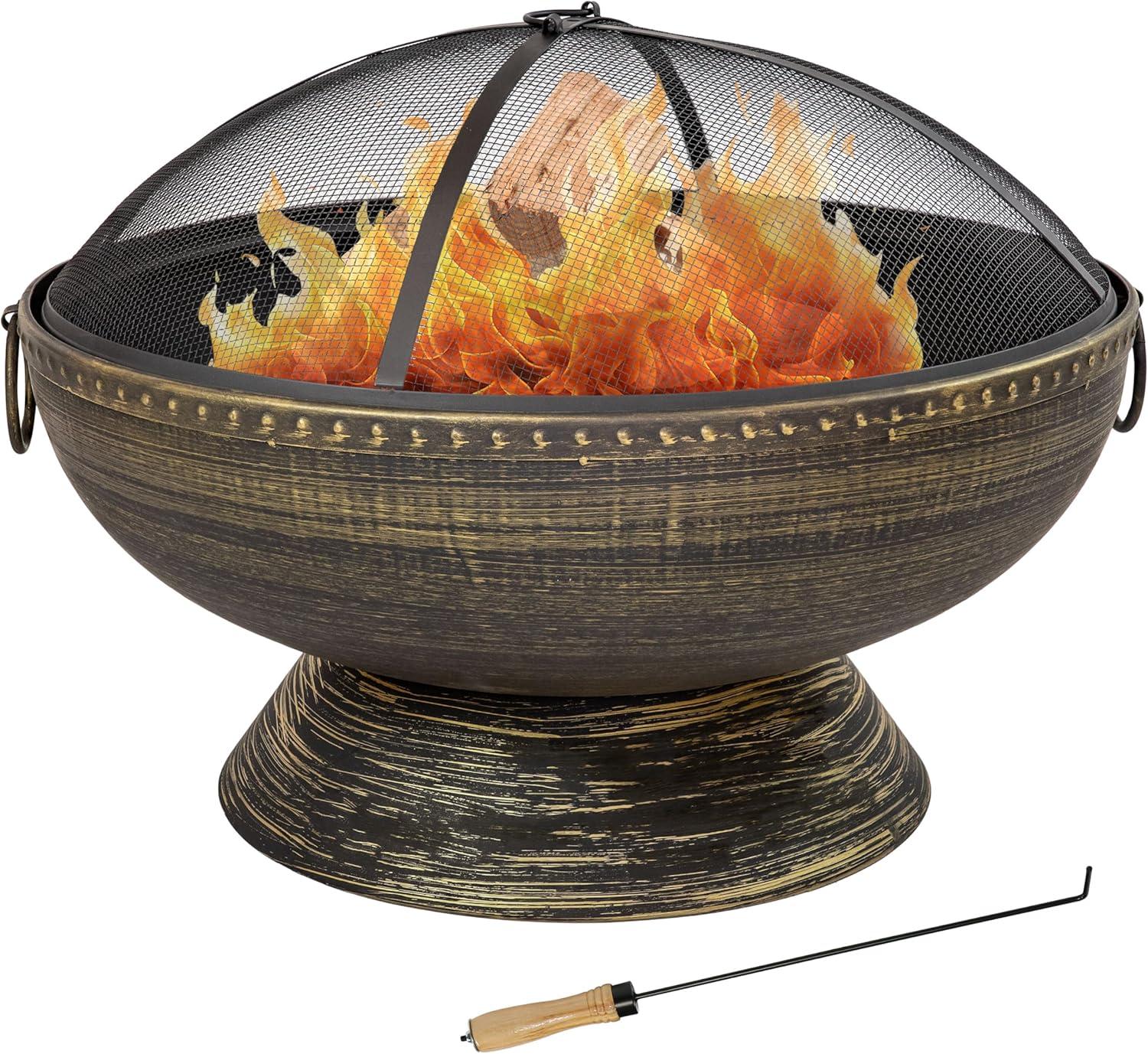 SunnyDaze Decor 30" Wood-Burning Black Finish Steel Fire Pit Bowl with Screen, Grate, and Poker
