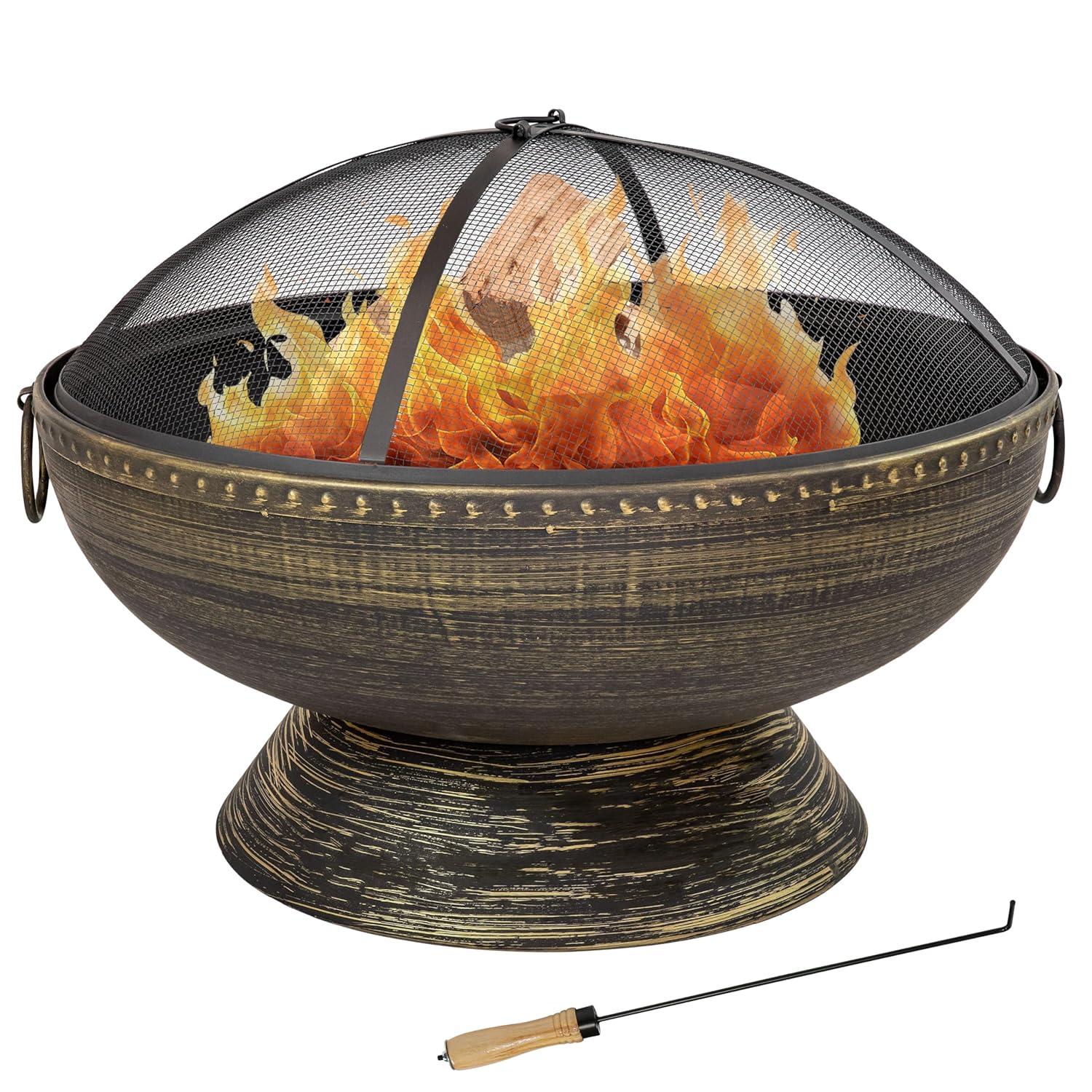 SunnyDaze Decor 30" Wood-Burning Black Finish Steel Fire Pit Bowl with Screen, Grate, and Poker