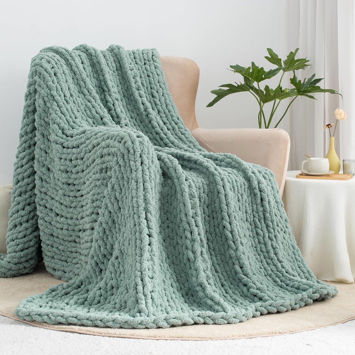 Sage Green Chunky Knit Chenille Throw Blanket 50" x 60"