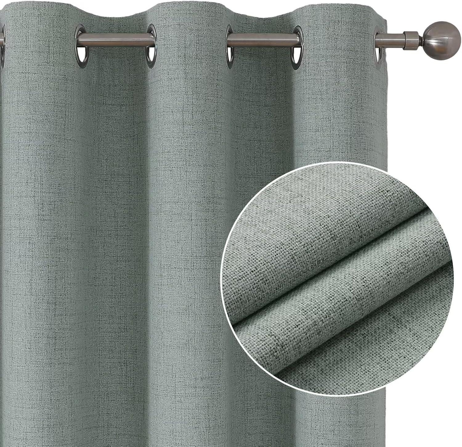 COSVIYA 100% Blackout Sage Green Linen Curtains & Drapes 84 Inch Length 2 Panels Set, Full Room Darkening Grommet Insulated Thermal Window Panels for Bedroom/Living Room,52x84 inches
