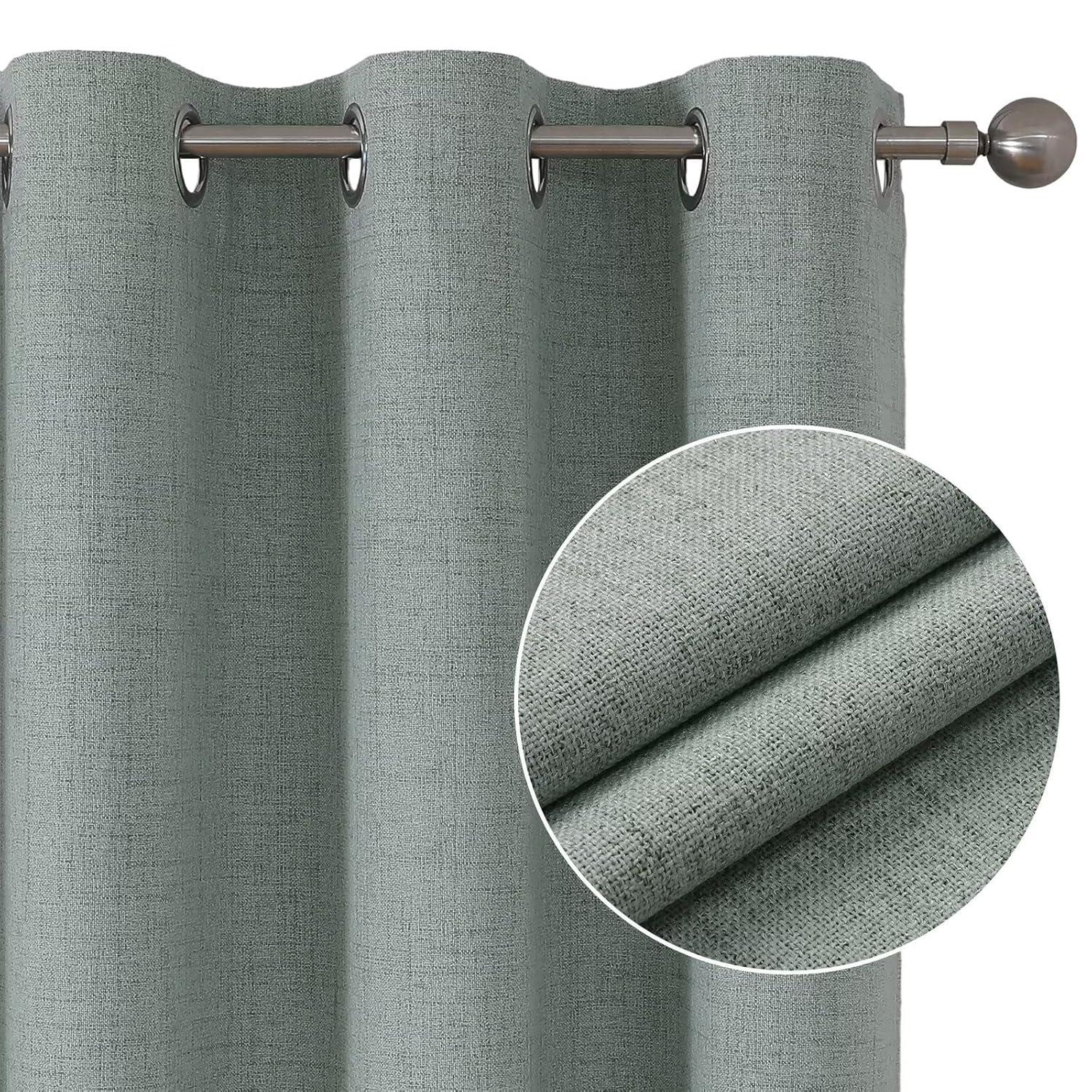 COSVIYA 100% Blackout Sage Green Linen Curtains & Drapes 84 Inch Length 2 Panels Set, Full Room Darkening Grommet Insulated Thermal Window Panels for Bedroom/Living Room,52x84 inches