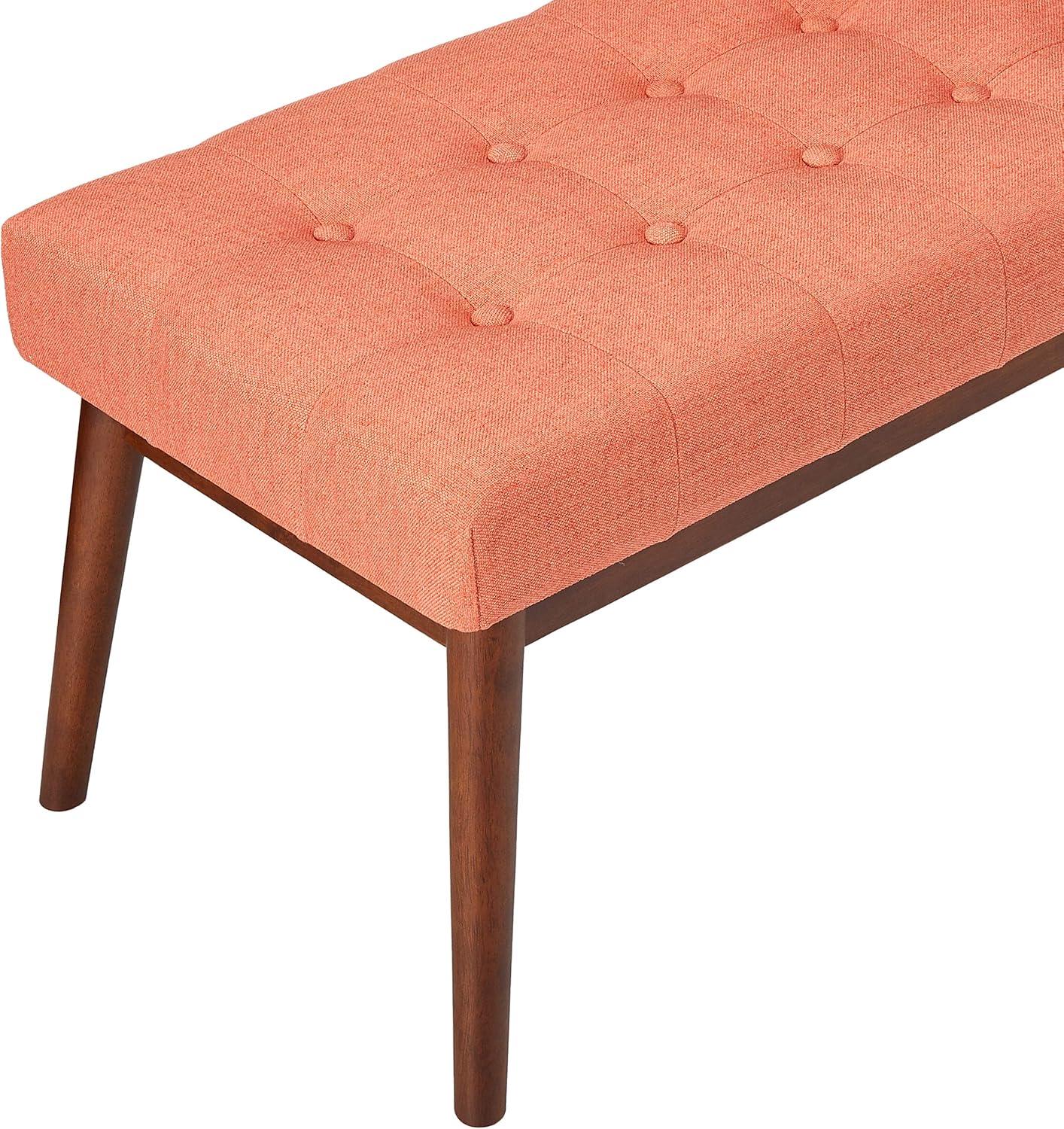 Mid-Century Coral Tufted Fabric Ottoman with Walnut Frame