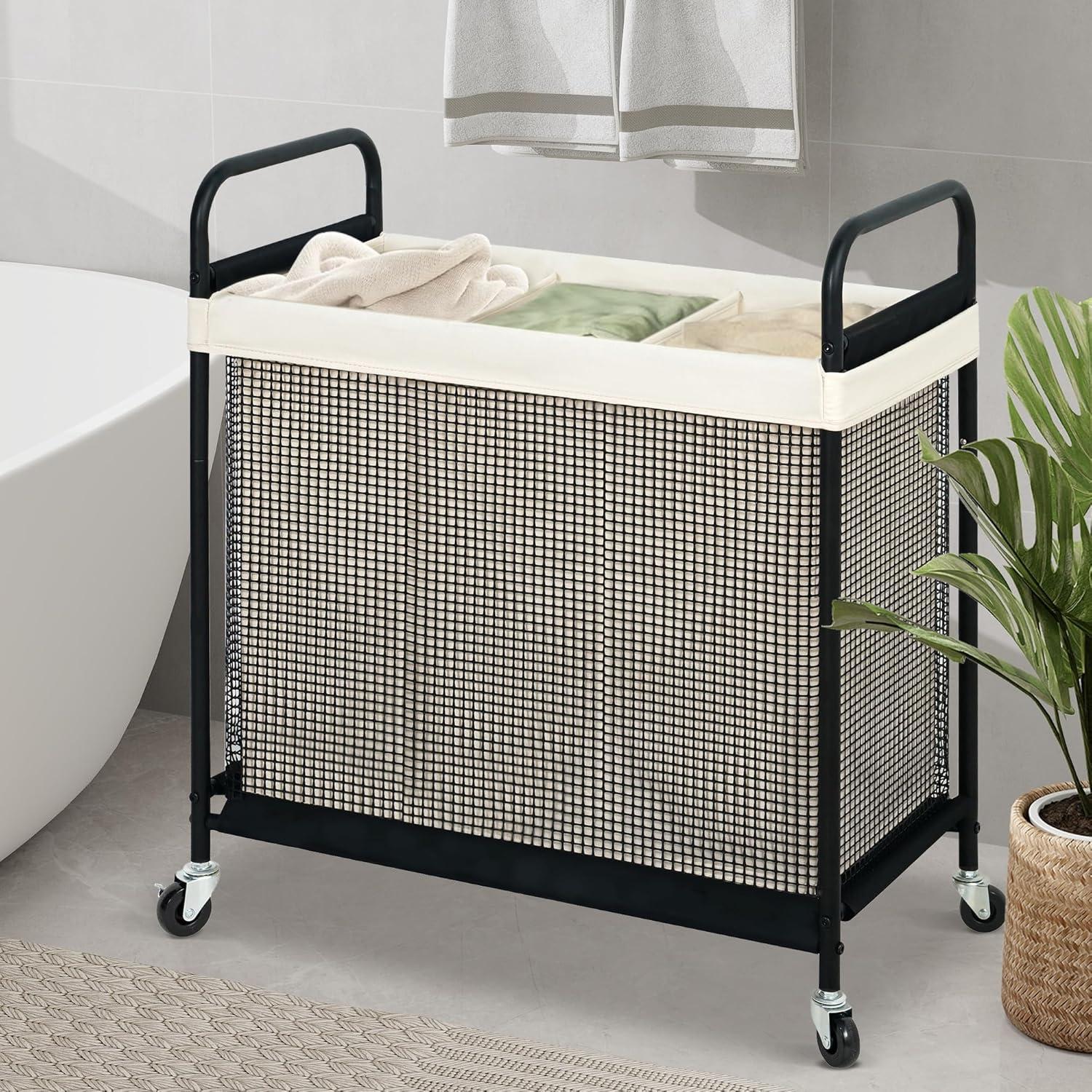 Modern Black and Beige 3-Section Rolling Laundry Sorter with Removable Liner