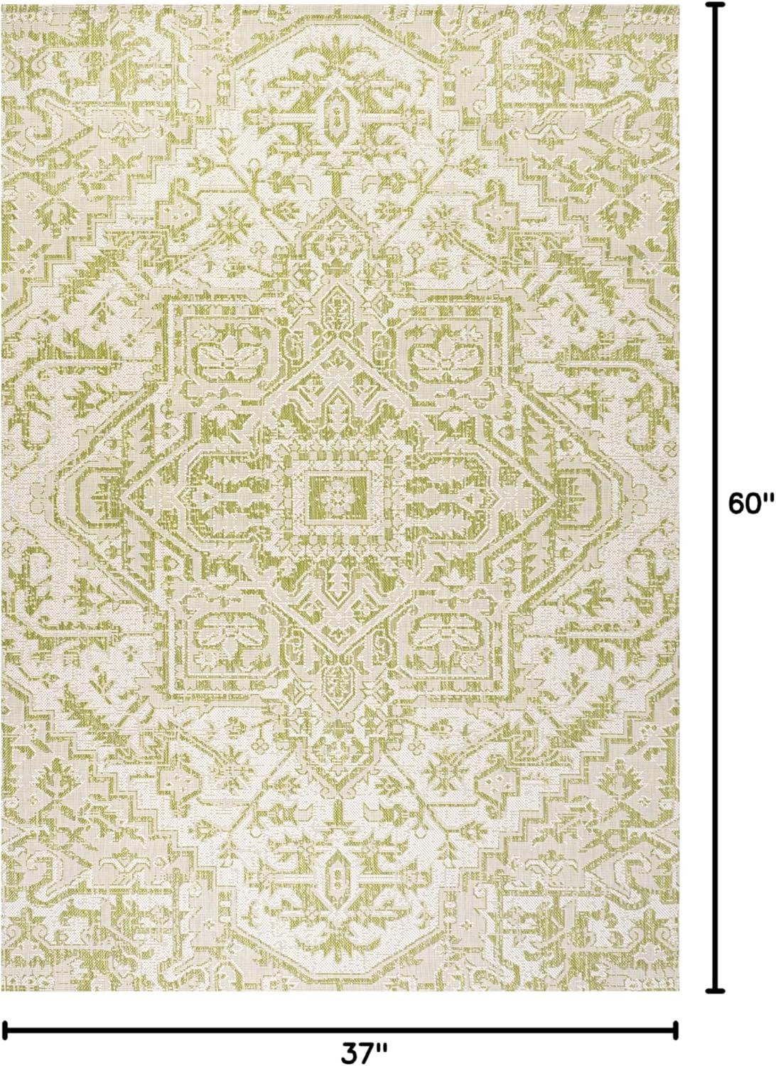 3' x 5' Estrella Bohemian Styled Medallion Textured Weave Indoor/Outdoor Area Rug, Cream/Green - JONATHAN Y