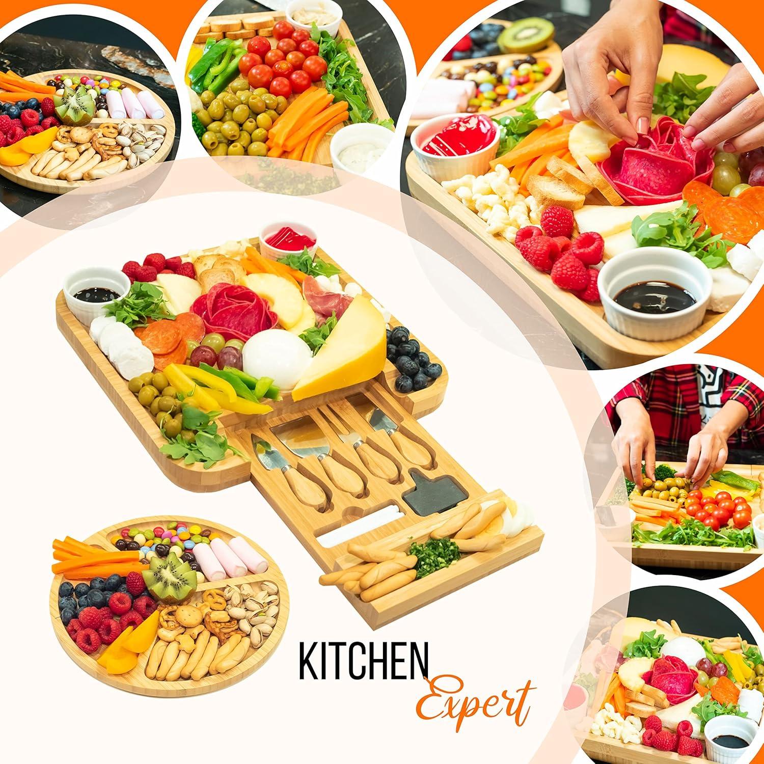 SMIRLY Charcuterie Board Set Large Bamboo Cheese Board with Fruit Tray & 2 Ceramic Bowls