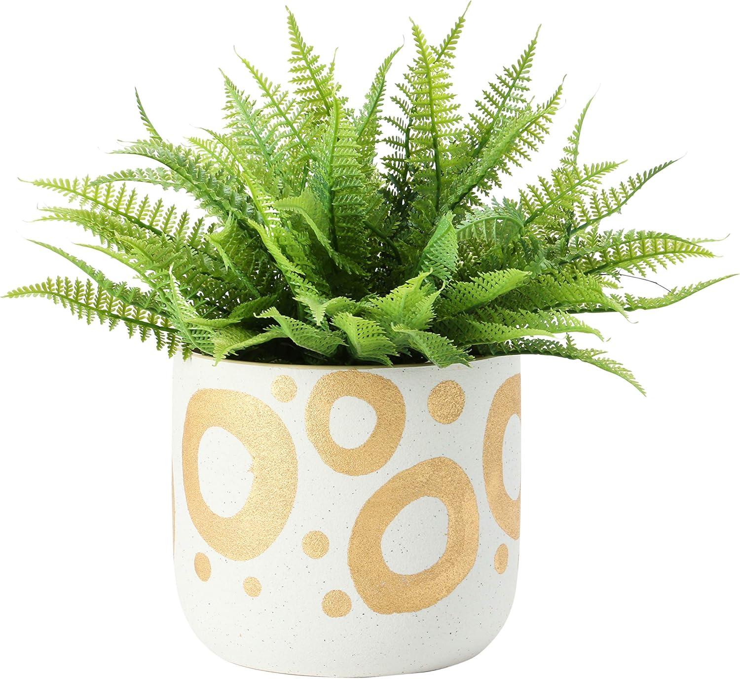 Creative Co-Op Hand-Painted Stoneware Planter with Circle Design, White and Gold