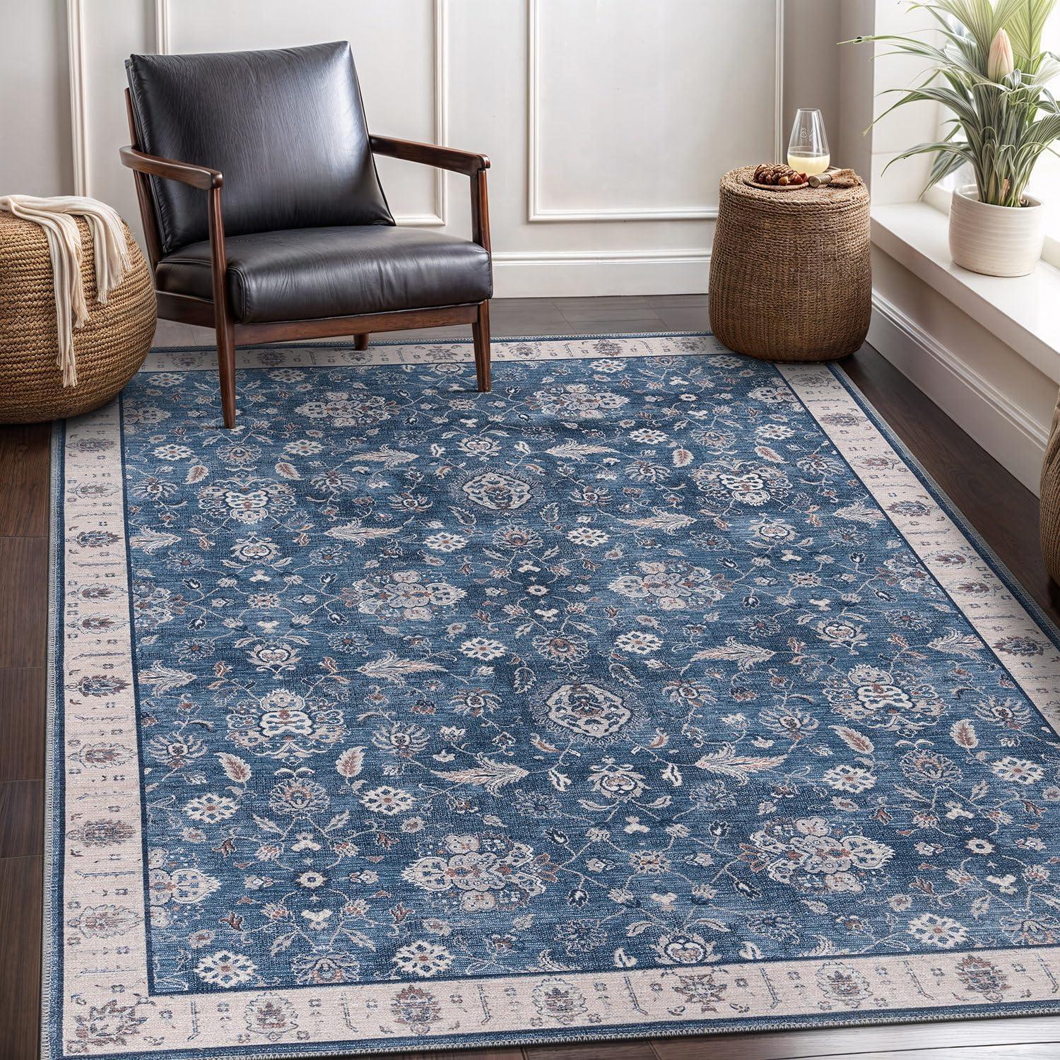 CAMILSON Oriental Retro Persian Traditional Vintage Distressed Non-Shedding Indoor Area Rug(4008-Navy 5x7)