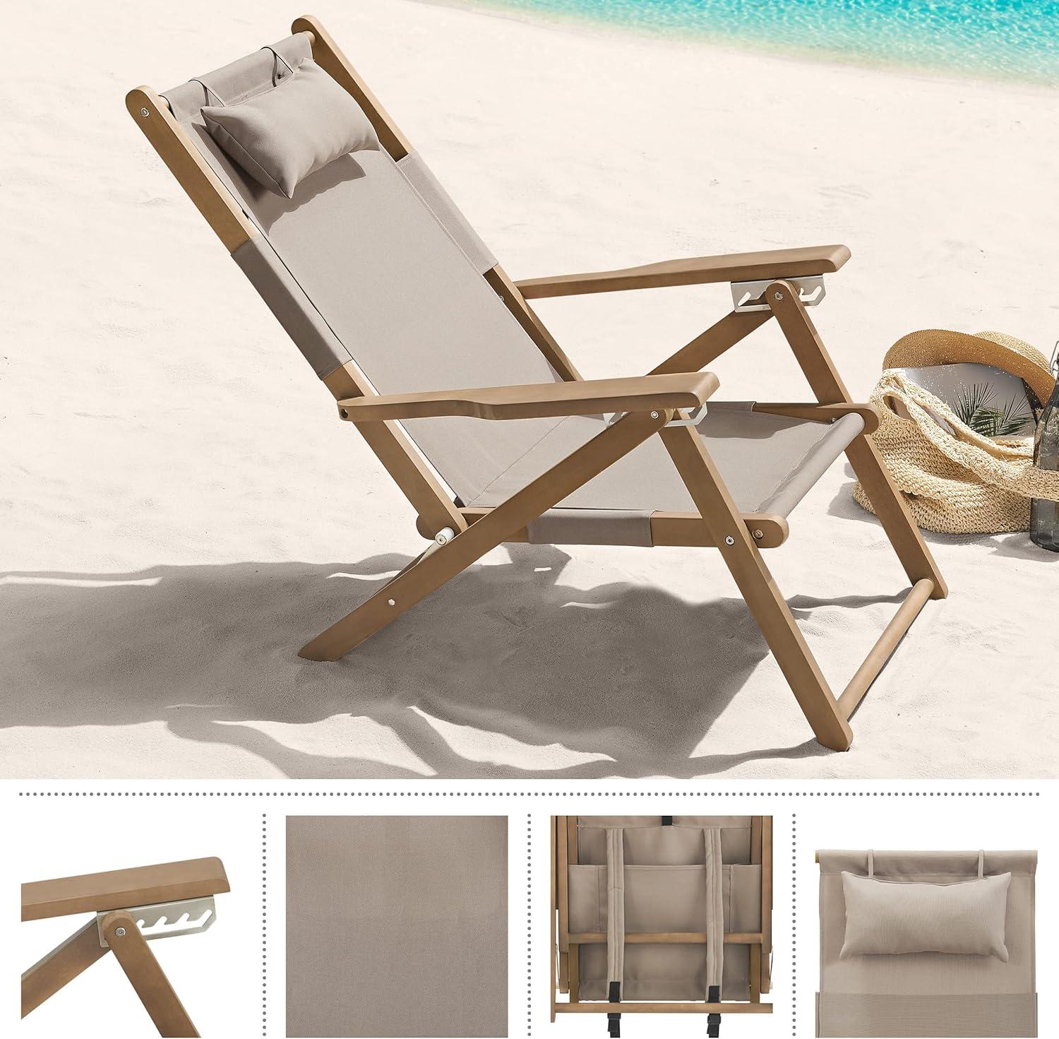 Beach Chair - Outdoor Weather-Resistant Wood Folding Chair with Backpack Straps - 4-Position Reclining Seat - Beach Essentials by Lavish Home (Taupe)