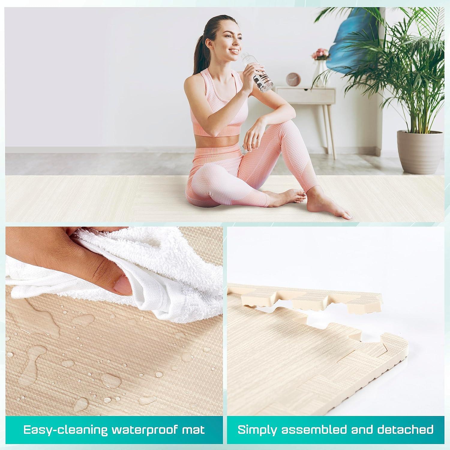 Yes4All 12 pcs Interlocking Exercise Foam Mats, Cover 48 sqft, 3/8 inch, Walnut Wood Light Color