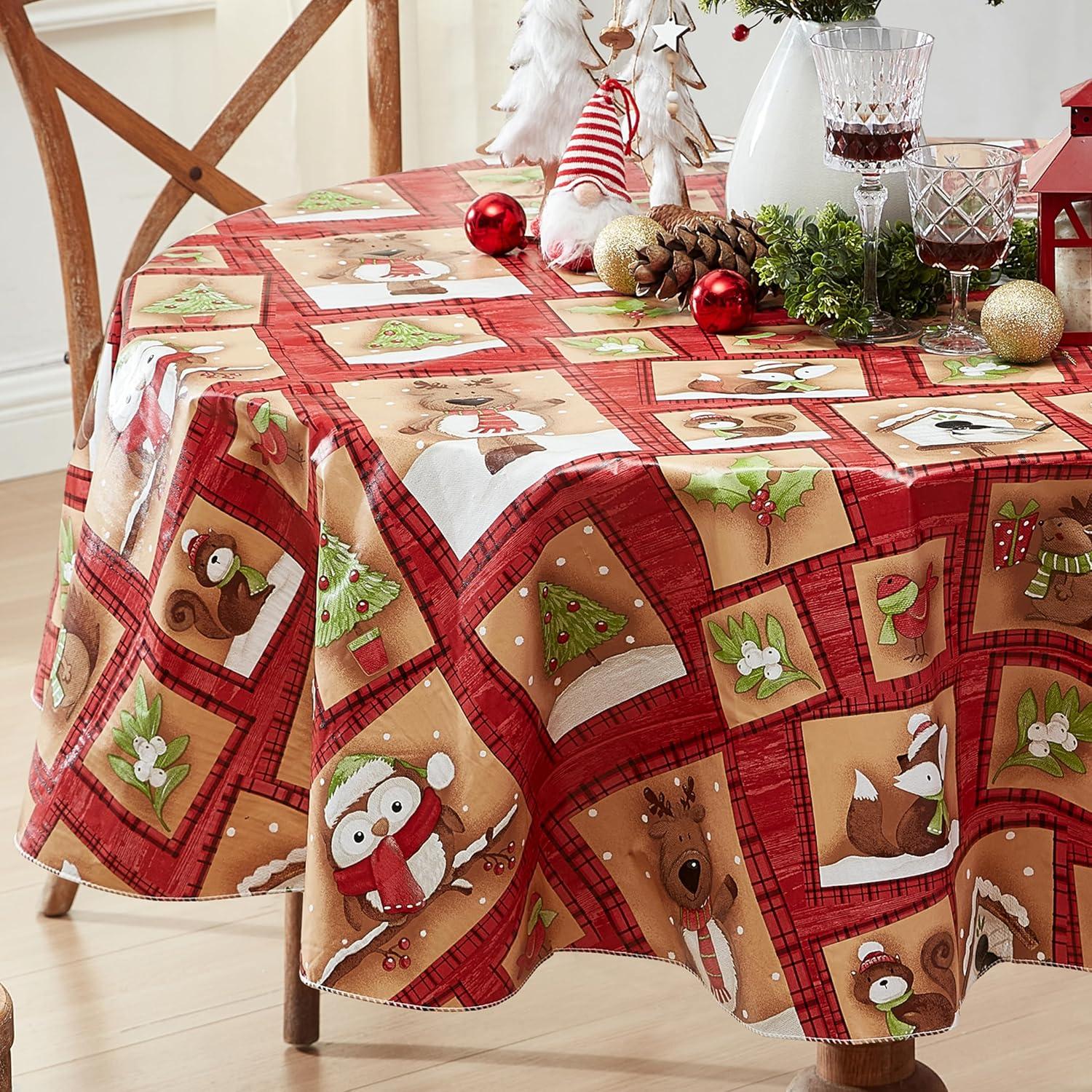 Newbridge Holiday Forest Friends Cottage Style Flannel Back Vinyl Christmas Tablecloth - Adorable Forest Animal Print Wipe Clean Easy Care Kitchen, Dining Room Tablecloth, 70” Round