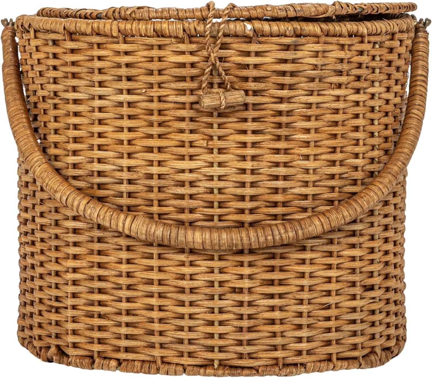 Creative Co-Op Oval Rattan Wicker Picnic Basket with Open Side Compartment, Natural