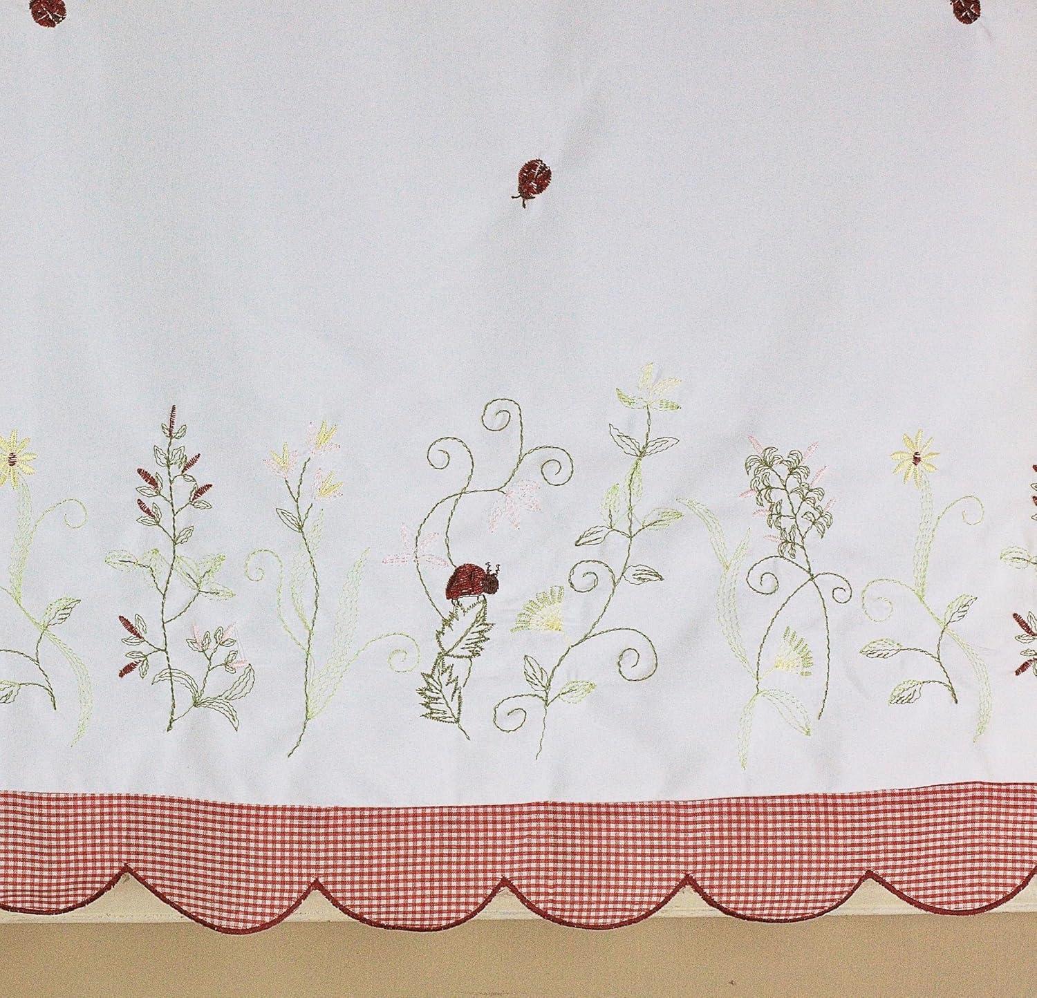 White and Red Floral Ladybug Rod Pocket Valance