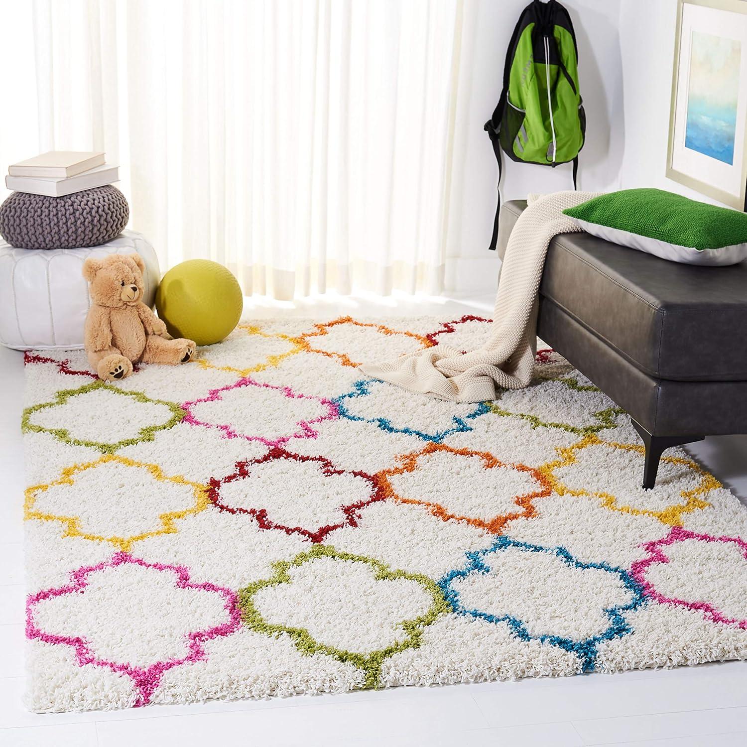 Ivory Multi Square Tufted Shag Kids Playroom Rug