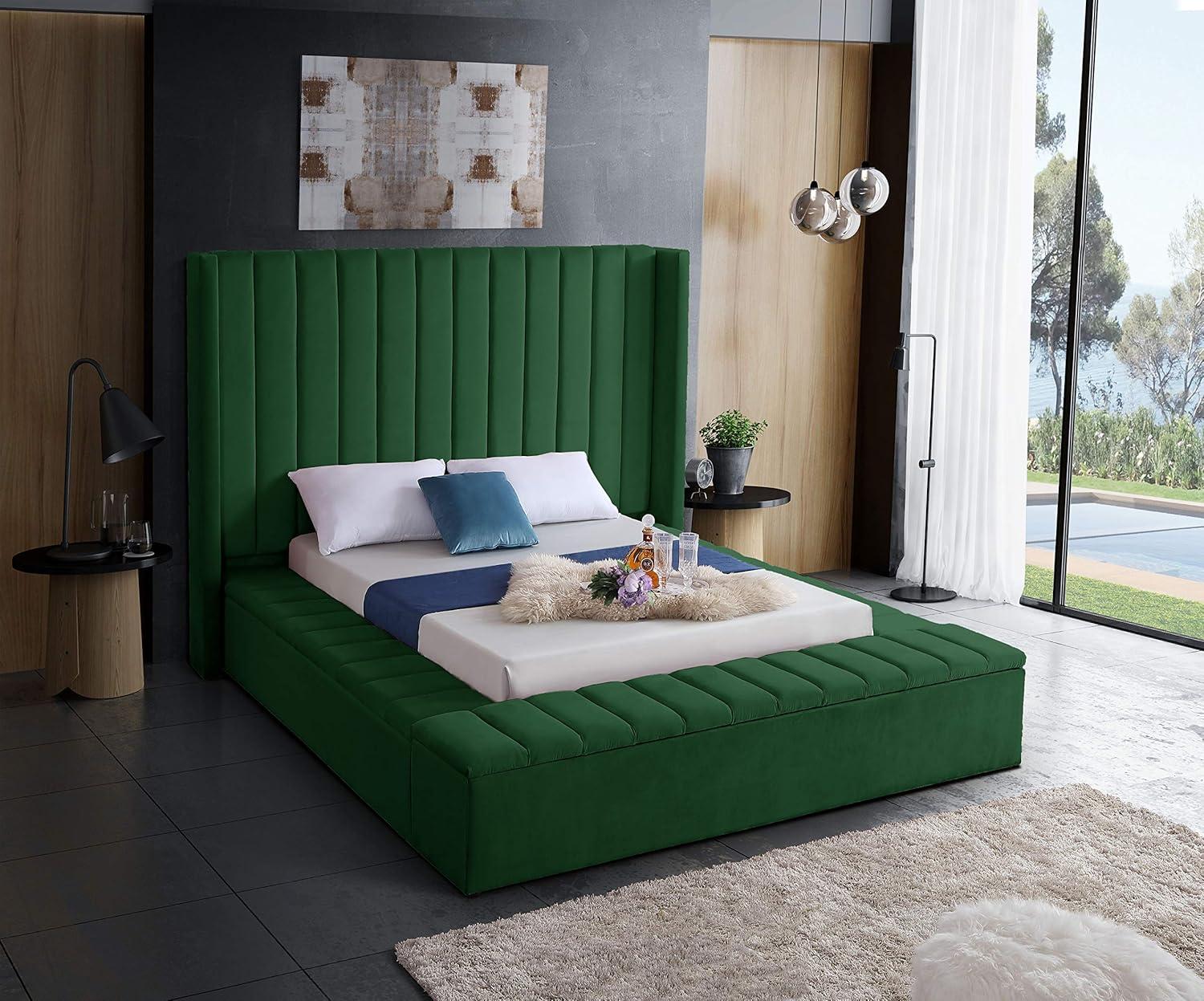 Meridian Furniture Kiki Solid Wood and Velvet Queen Bed in Green