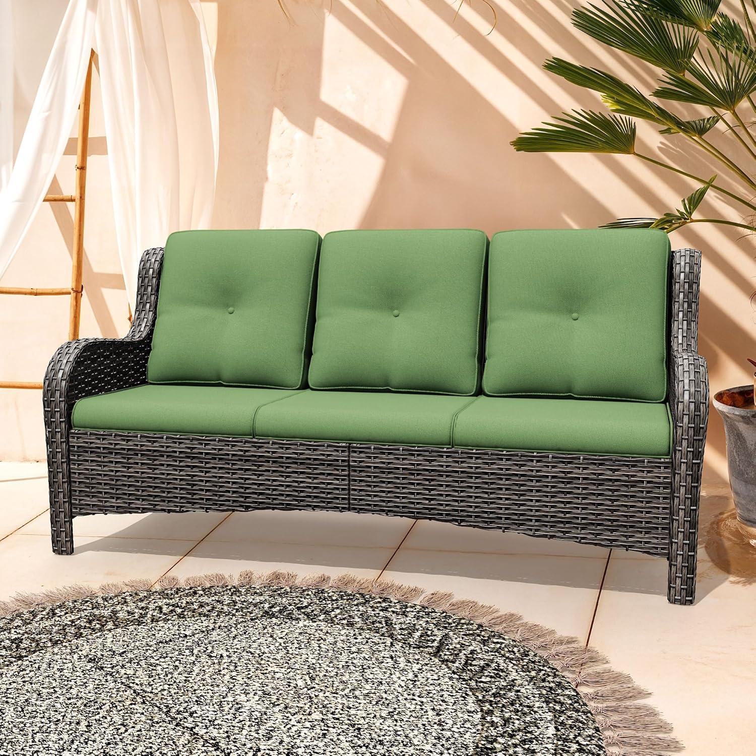 3-Seat Wicker Outdoor Patio Sofa Sectional Couch with Green Cushions